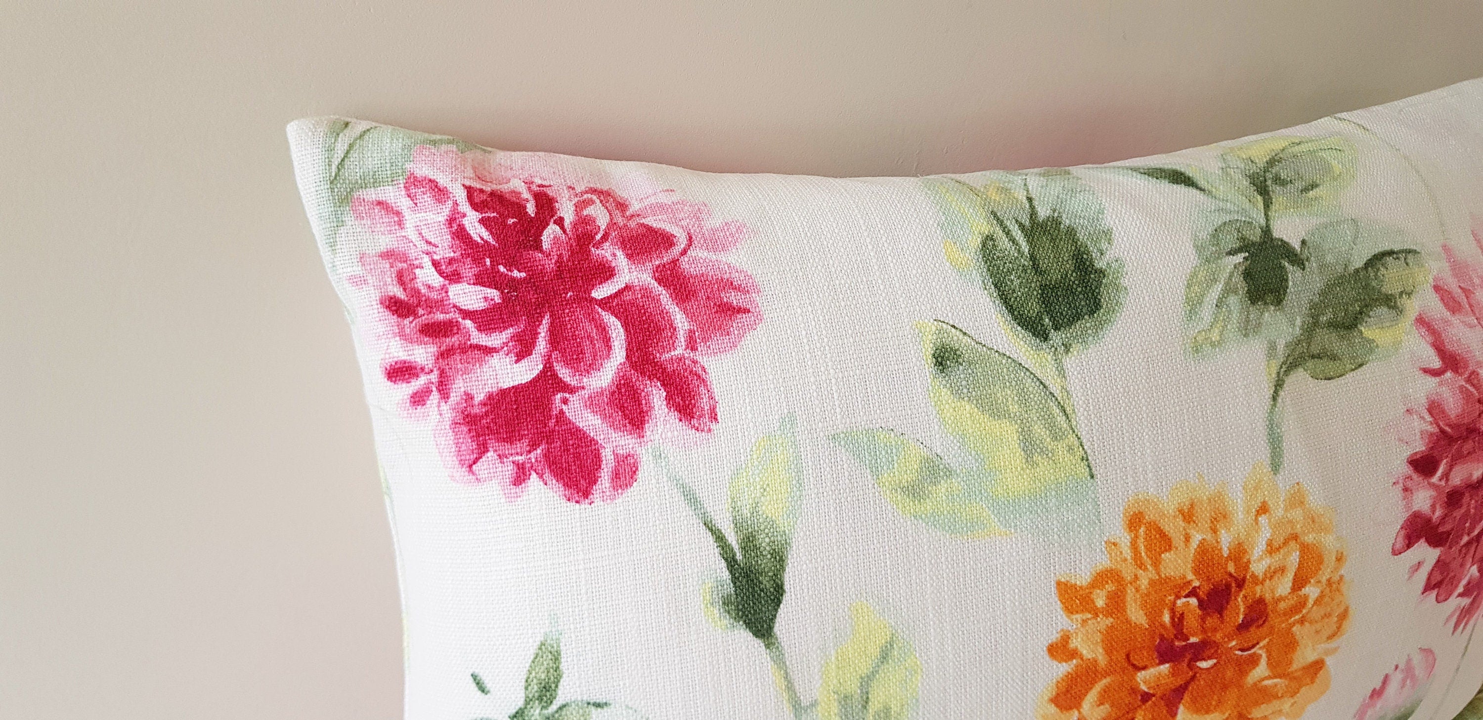 Laura Ashley Orange and Pink Floral Cushion, backed with plain  Laura Ashley Off White, Handmade with a zip fastening 18" by 12"