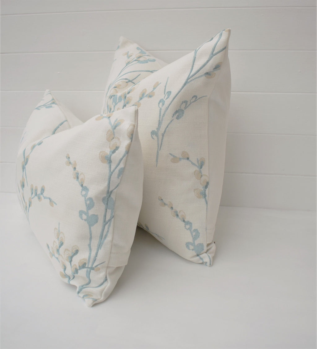 Laura Ashley Pussy Willow Duck Egg Cushion, backed in Laura Ashley Austen Off White, Handmade with a  Zip Fastening 16"