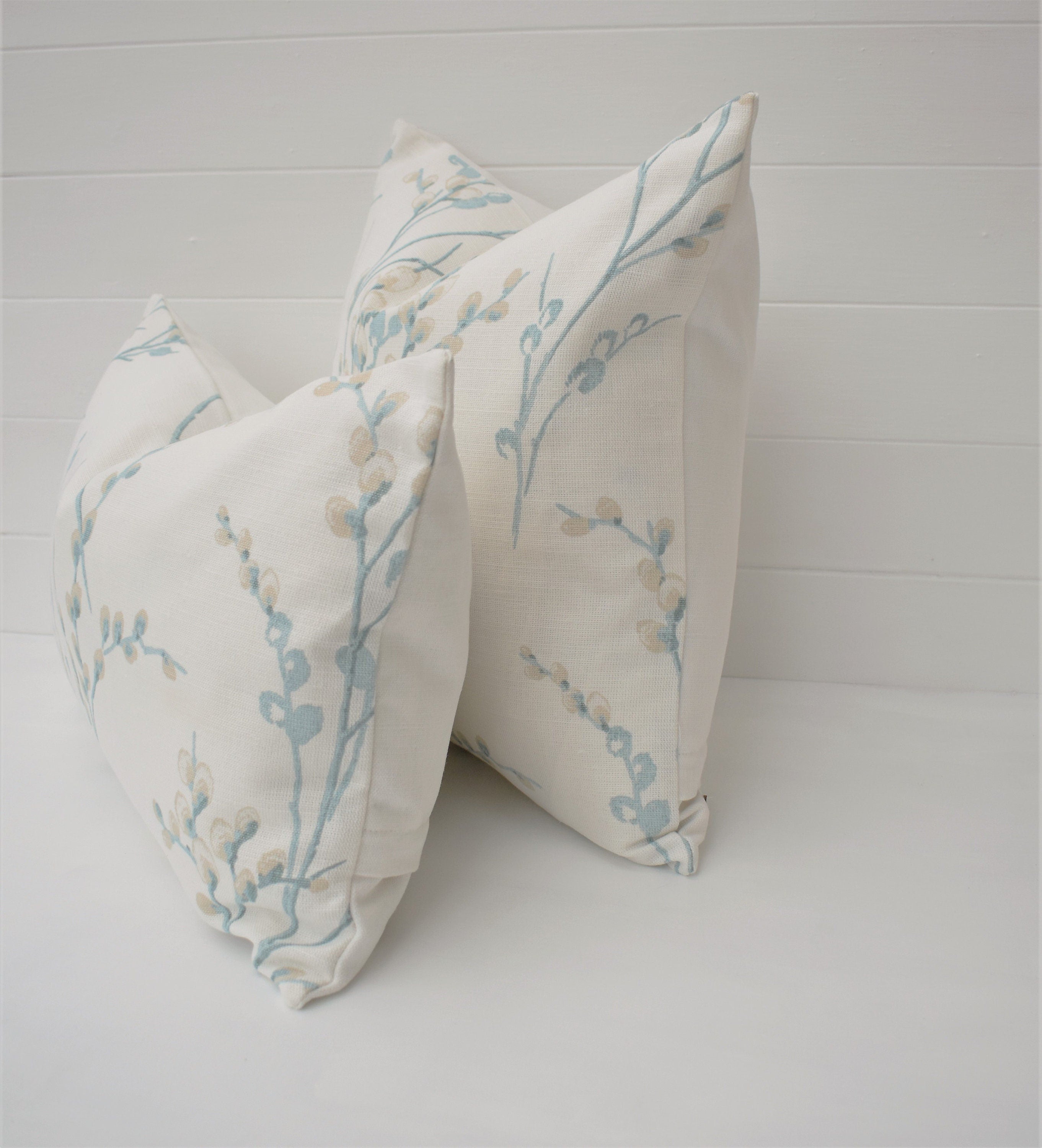 Laura Ashley Pussy Willow Duck Egg Cushion, backed in Laura Ashley Austen Off White, Handmade with a  Zip Fastening 16"