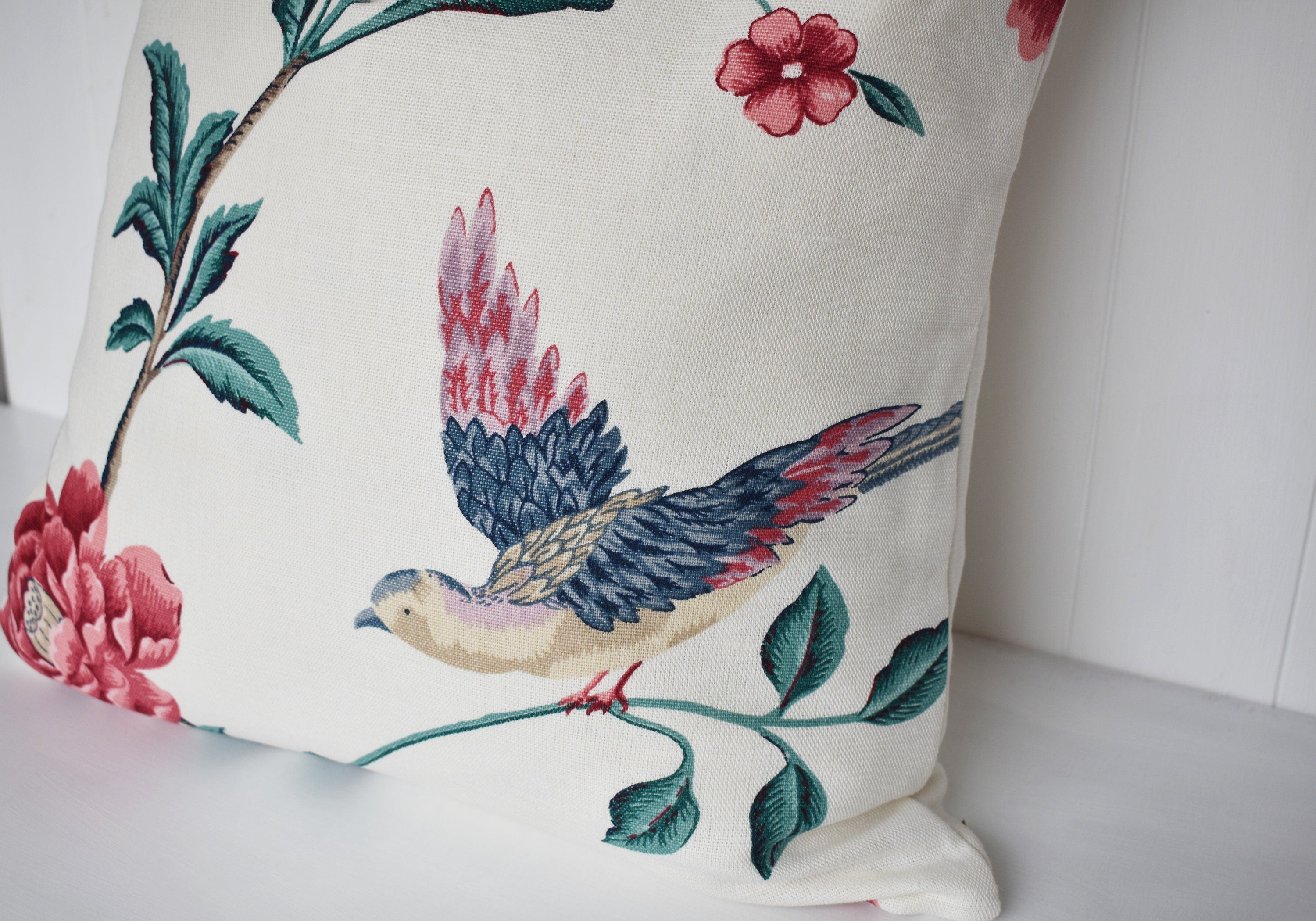Laura Ashley Elveden Cranberry Bird Cushion: Handmade with a Zip Fastening.