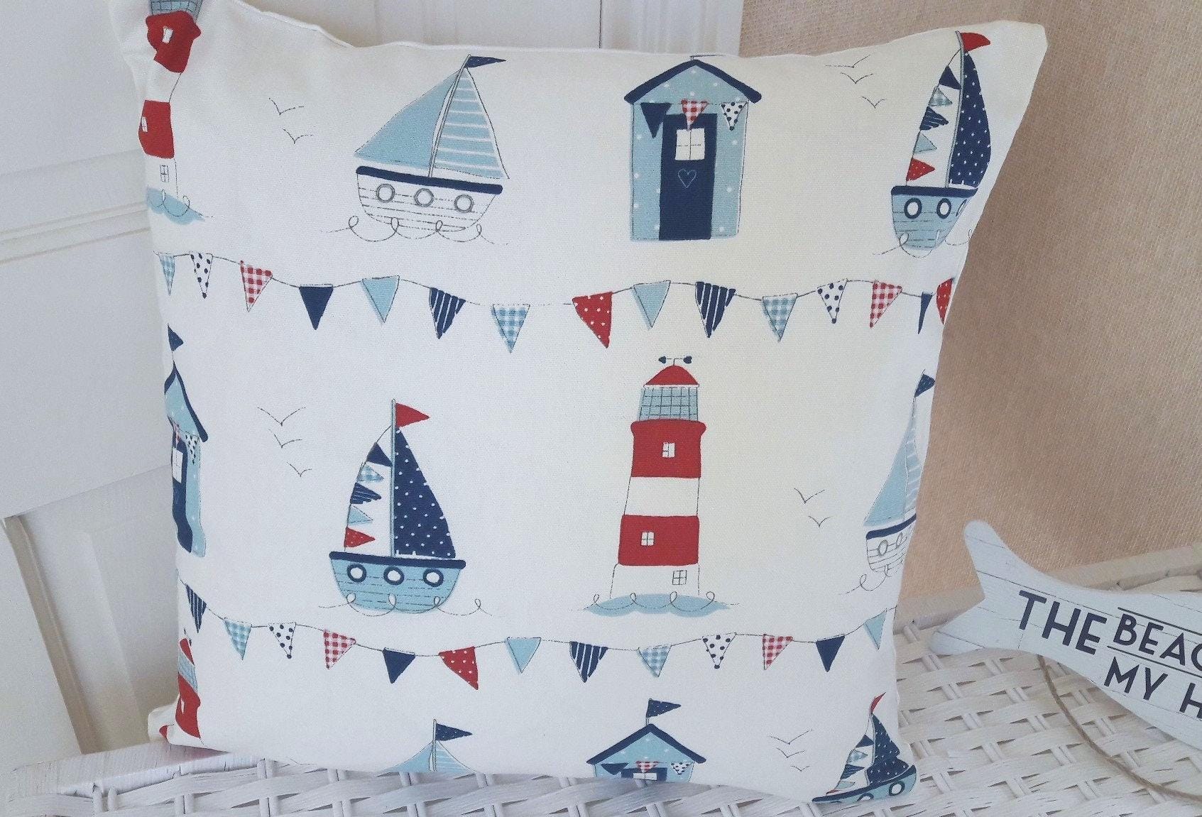 Nautical Seaside Cushion, Maritime Blue and Red Pillow, with a Zip Fastening.
