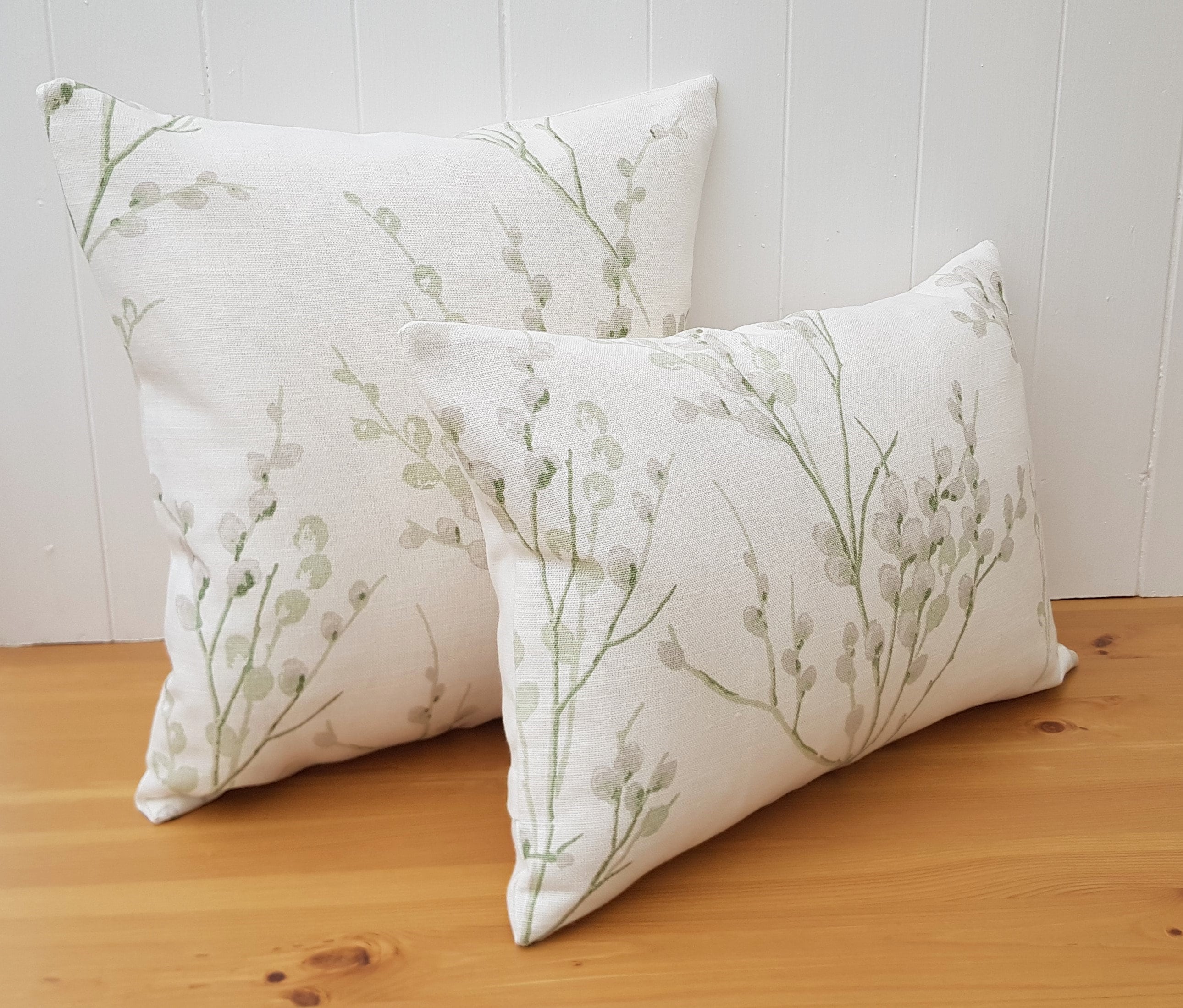 Laura Ashley Pussy Willow Cushion, Green Floral Hedgerow Pillow, backed in Laura Ashley Austen, Handmade with a Zip Fastening