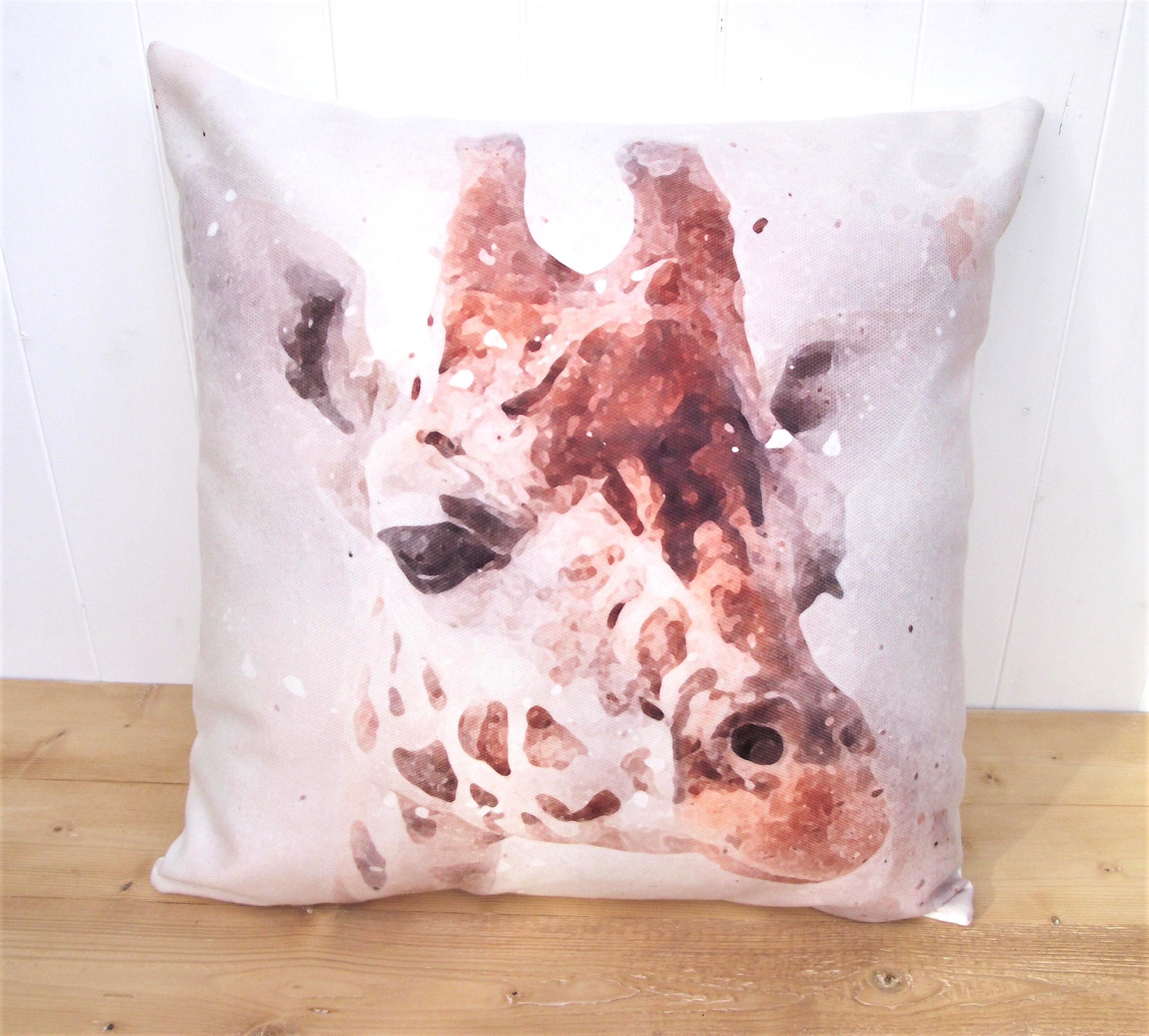 Giraffe Watercolor Print Cushion: Grunge Style Pillow, Cover Only or Cover + Pad