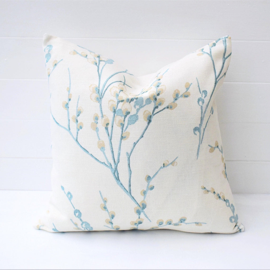 Laura Ashley Pussy Willow Duck Egg Cushion, backed in Laura Ashley Austen Off White, Handmade with a  Zip Fastening 16"