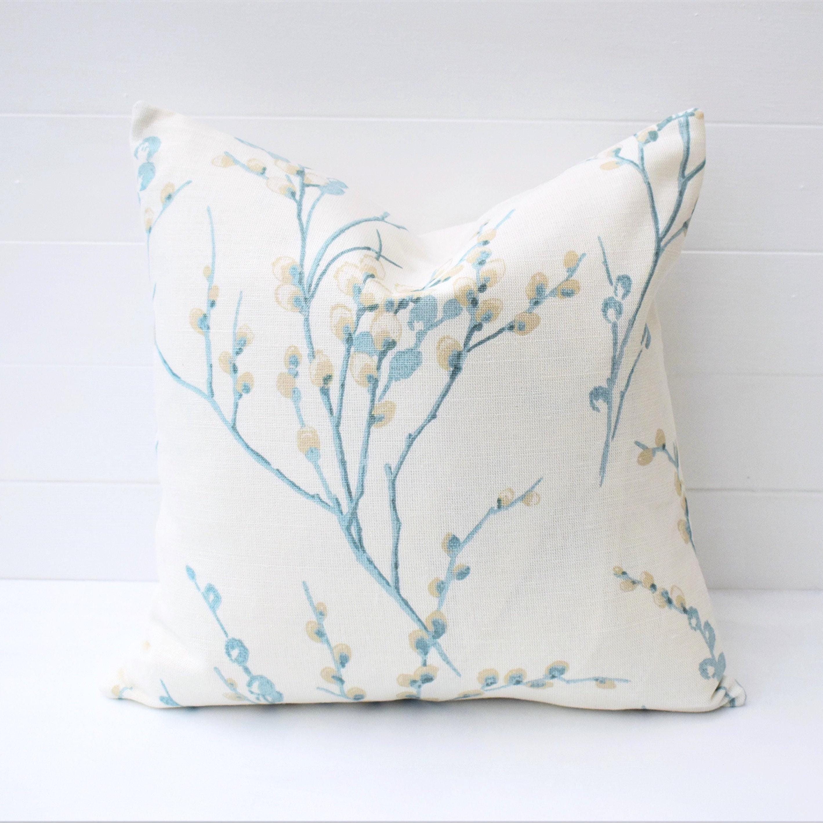 Laura Ashley Pussy Willow Duck Egg Cushion, backed in Laura Ashley Austen Off White, Handmade with a  Zip Fastening 16"