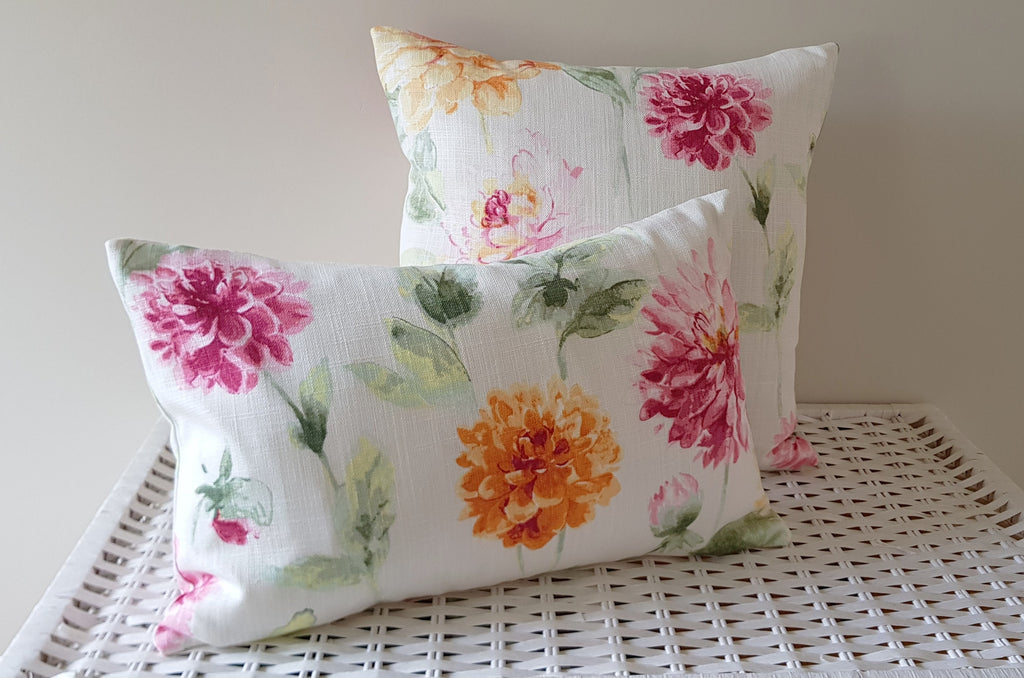 Laura Ashley Orange and Pink Floral Cushion, backed with plain  Laura Ashley Off White, Handmade with a zip fastening 18" by 12"