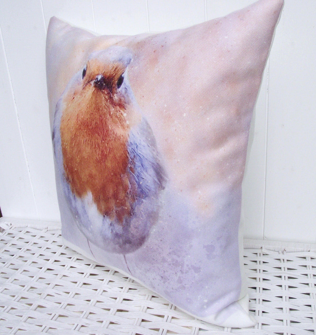 Winter Robin Cushion, Artist Watercolour Print Bird Pillow, Cover Only or Cover + Pad