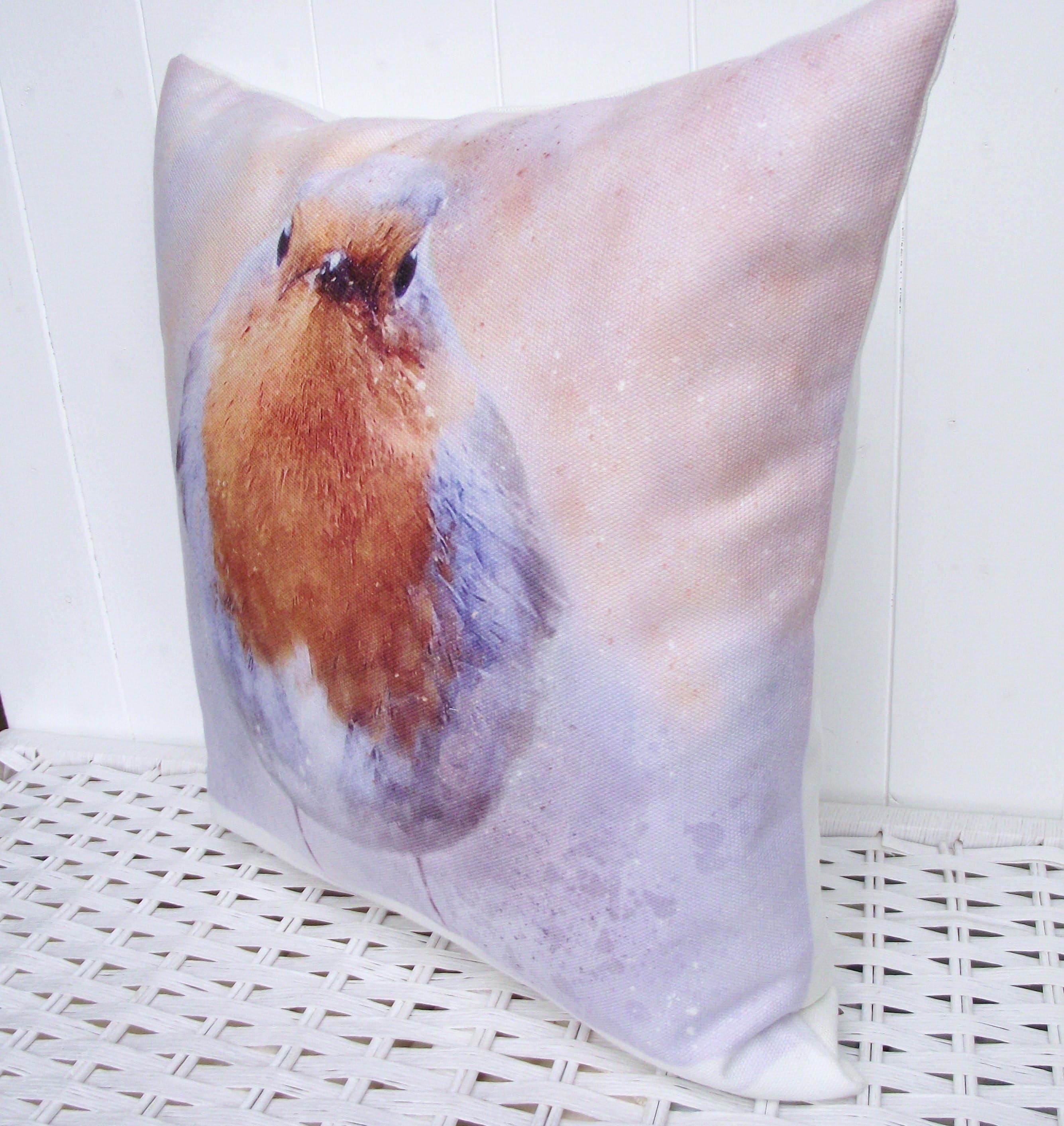 Winter Robin Cushion, Artist Watercolour Print Bird Pillow, Cover Only or Cover + Pad
