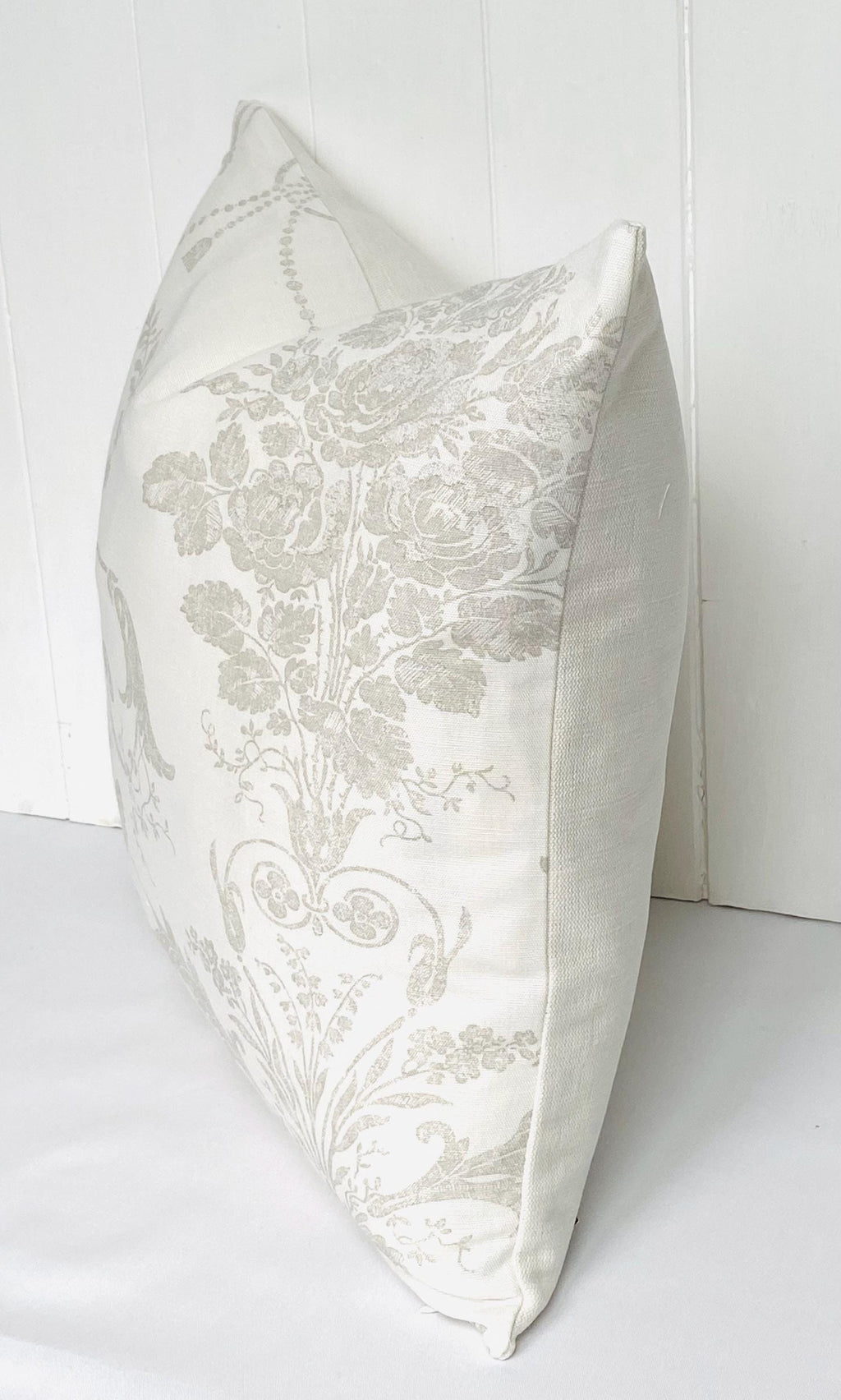 Laura Ashley Josette Dove Grey Off White Cushion, backed with Laura Ashley Austen Off White. Handmade with Zip Fastening.