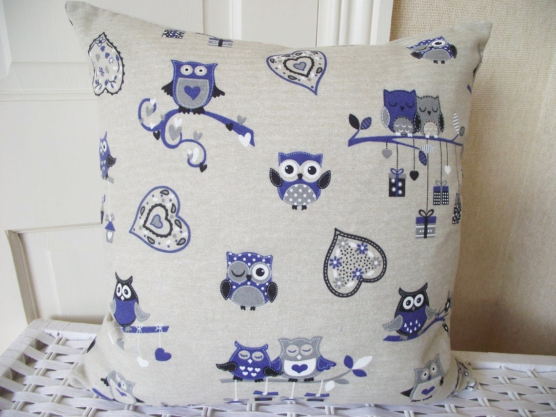 Owls Blue Cushion backed in Laura  Ashley Austen Natural fabric with Zip Fastening