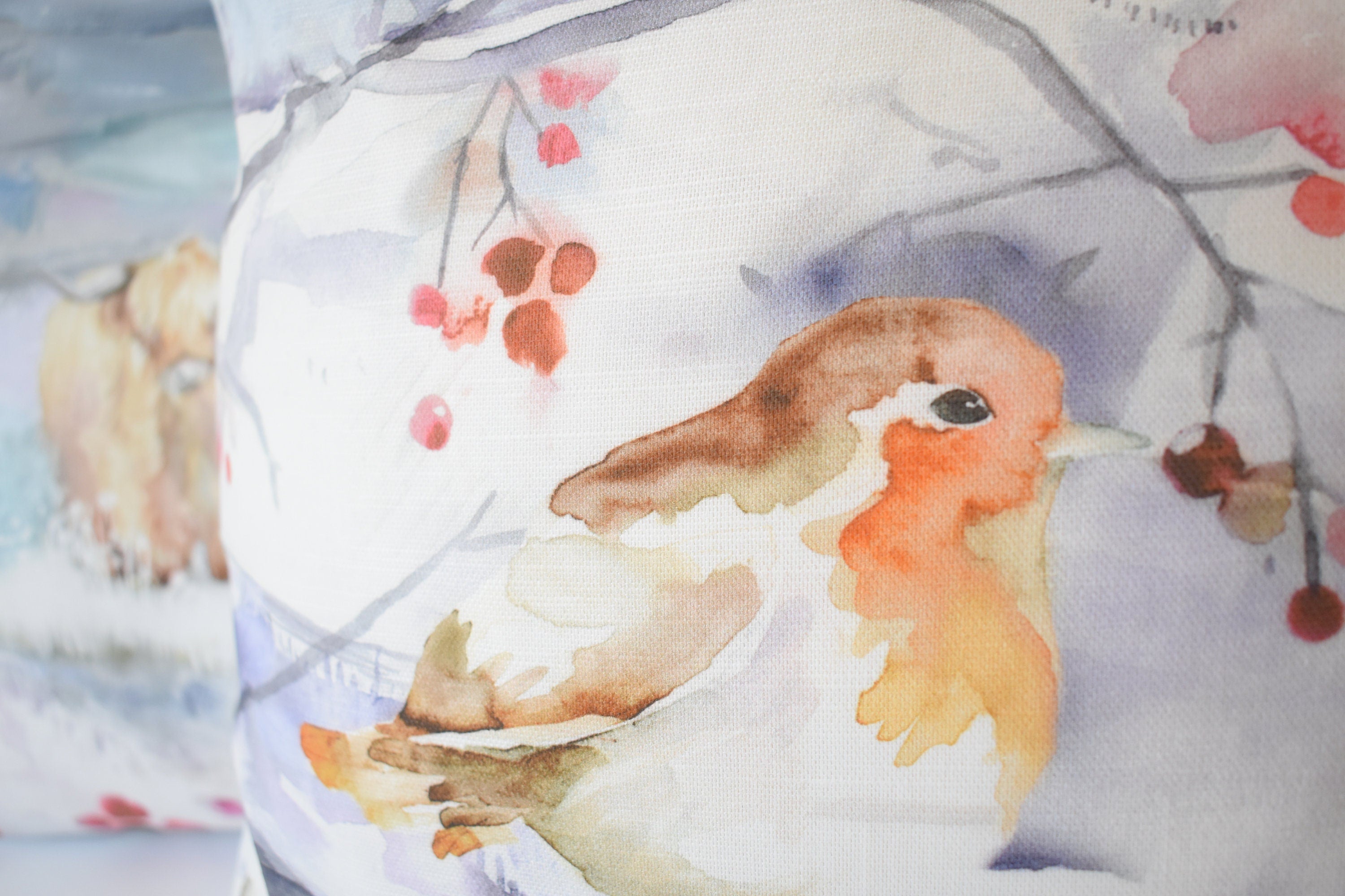 Handmade Winter Robin Cushion: Voyage Maison Watercolor Print, Laura Ashley Back