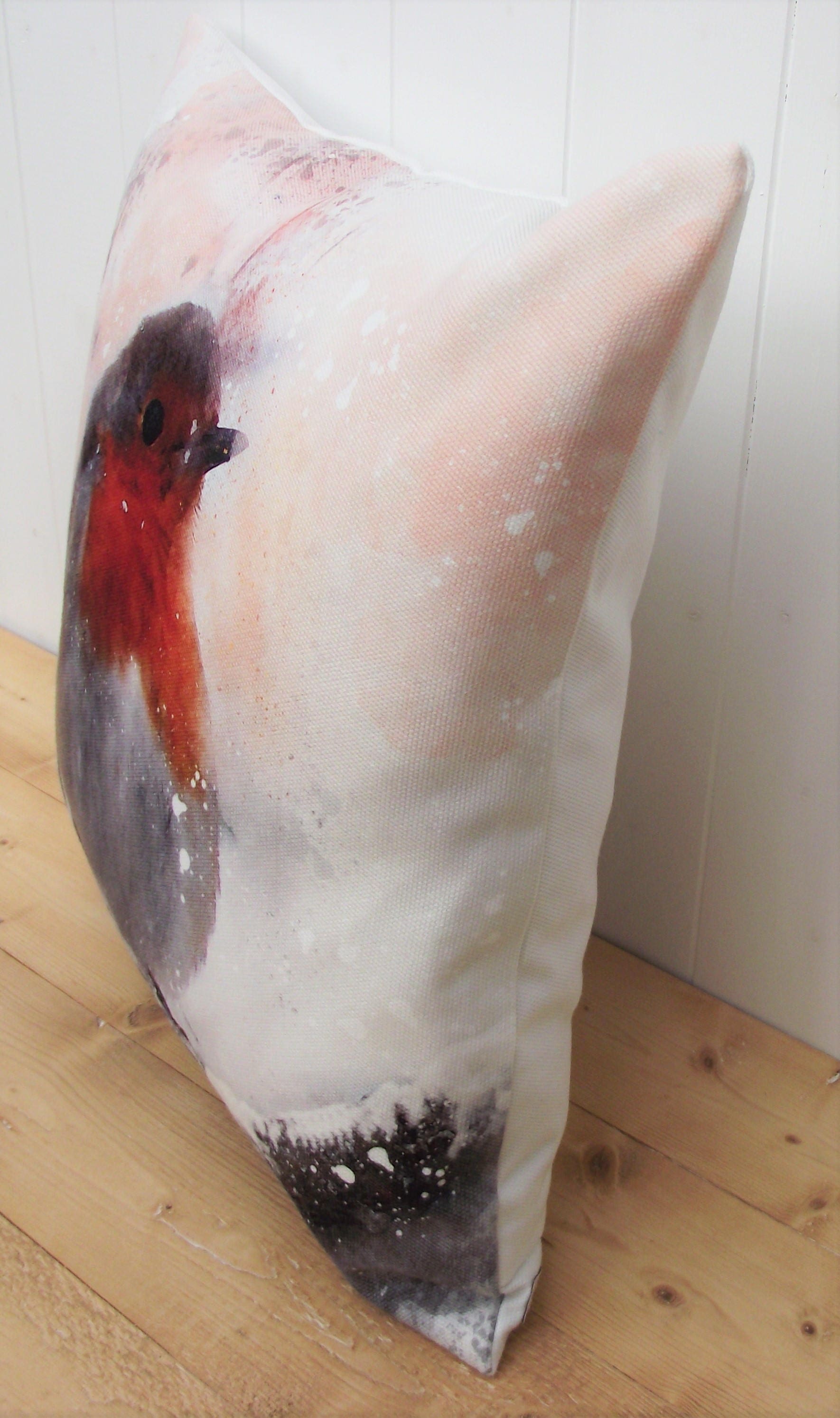 Winter Robin Pillow: Watercolor Bird Art, Snow Scene Cushion, Cover Only or Cover + Pad