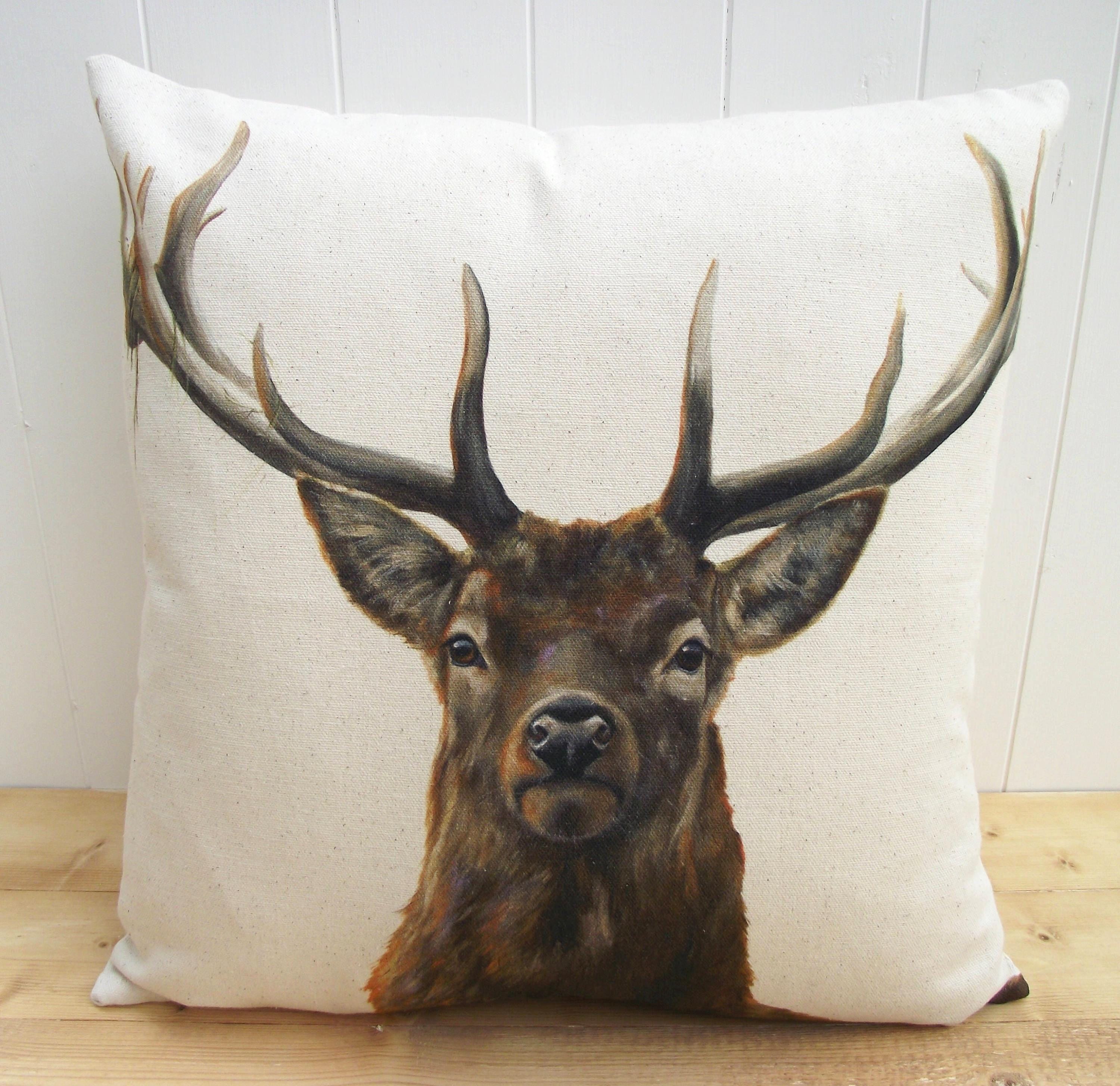 Stag Art Print Cushion: Organic Cotton Deer Pillow, Cover only or Cover with Pad