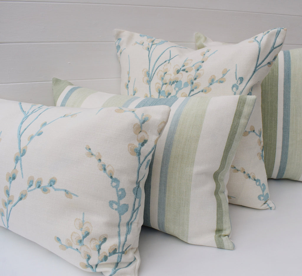 Laura Ashley Pussy Willow Duck Egg Cushion, Floral Pillow with Austen Off White back, Handmade with a Zip fastening.