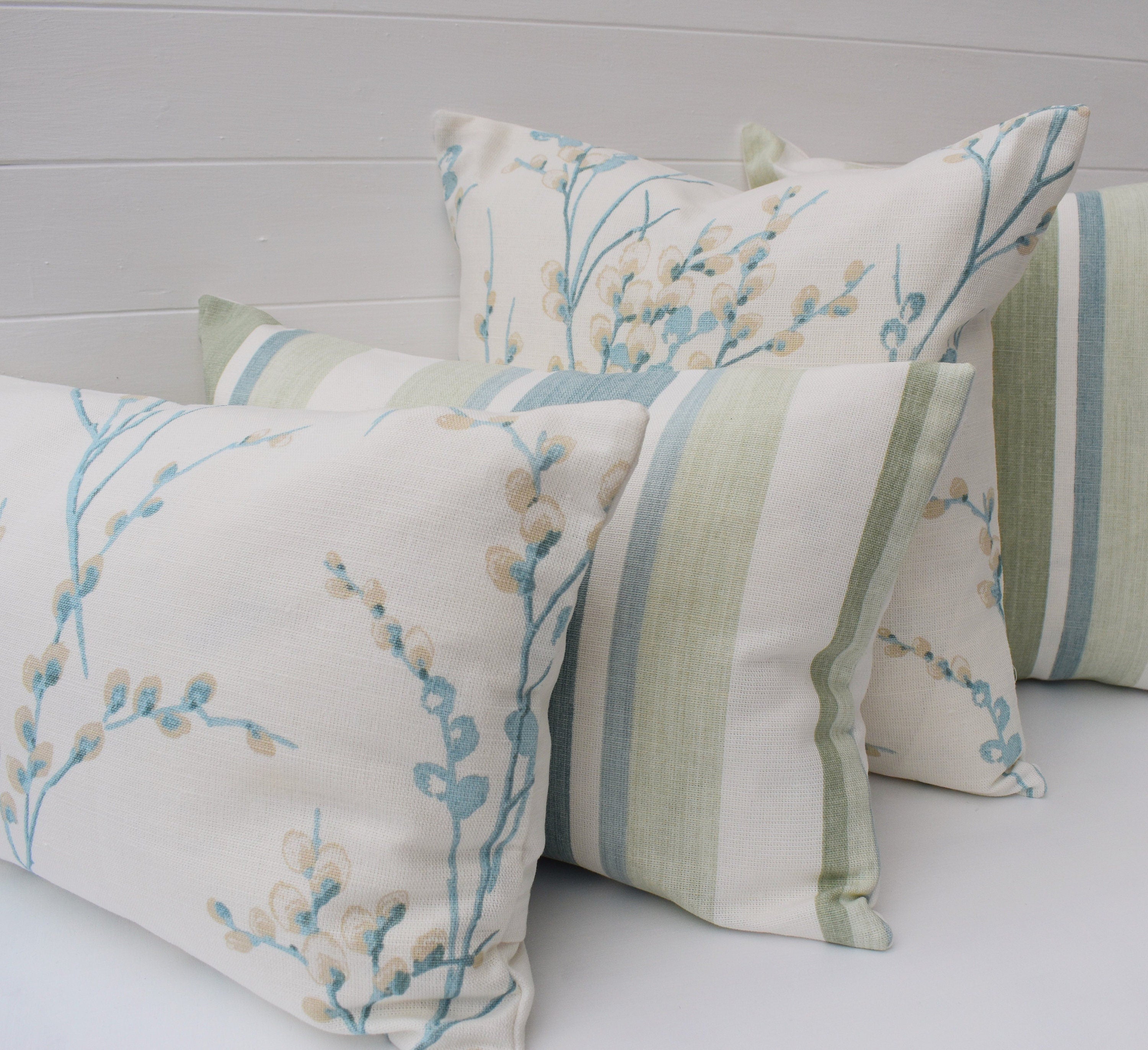 Laura Ashley Pussy Willow Duck Egg Cushion, Floral Pillow with Austen Off White back, Handmade with a Zip fastening.