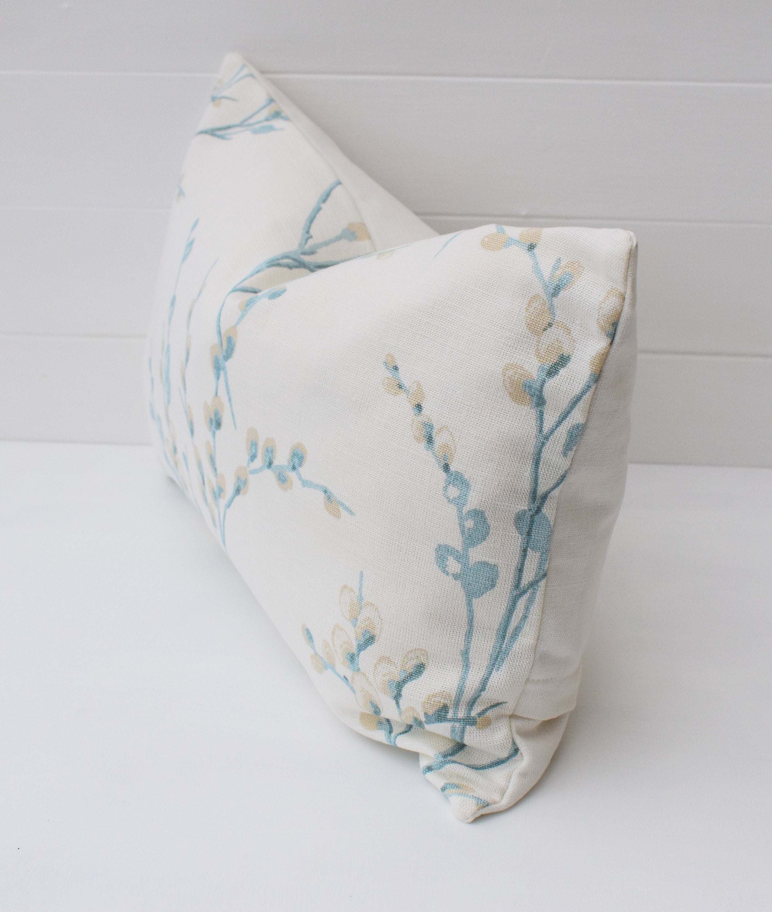 Laura Ashley Pussy Willow Duck Egg Cushion, Floral Pillow with Austen Off White back, Handmade with a Zip fastening.