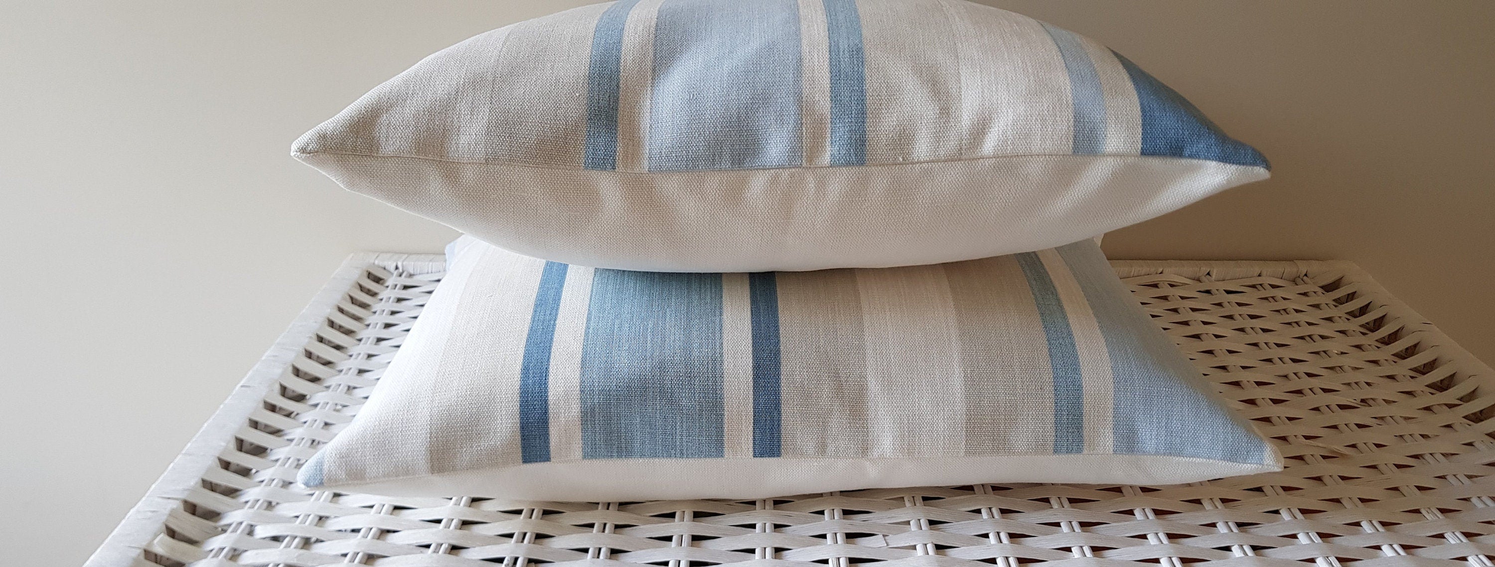 Handmade Laura Ashley Awning Stripe Seaspray Cushion : 15” Blue Stripes Pillow with Zip Fastening