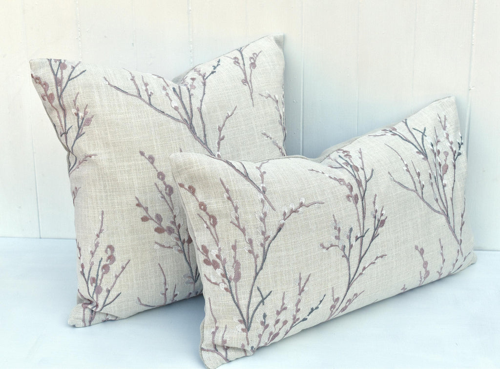Laura Ashley Blush Pussy Willow Cushion, Embroidered Pillow backed in Austen Natural, Handmade with a Zip Fastening 16"