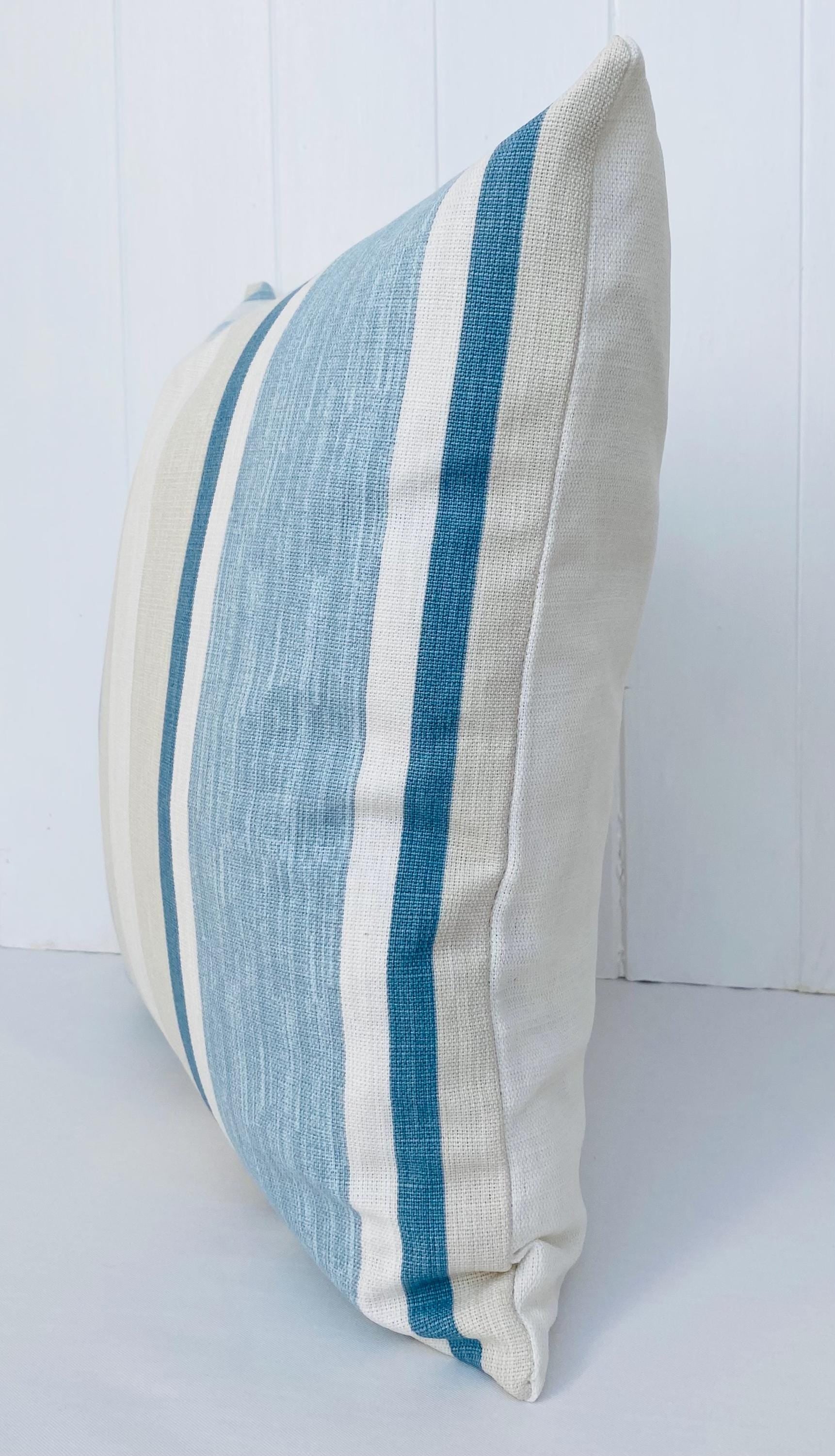 Handmade Laura Ashley Awning Stripe Seaspray Cushion : 15” Blue Stripes Pillow with Zip Fastening