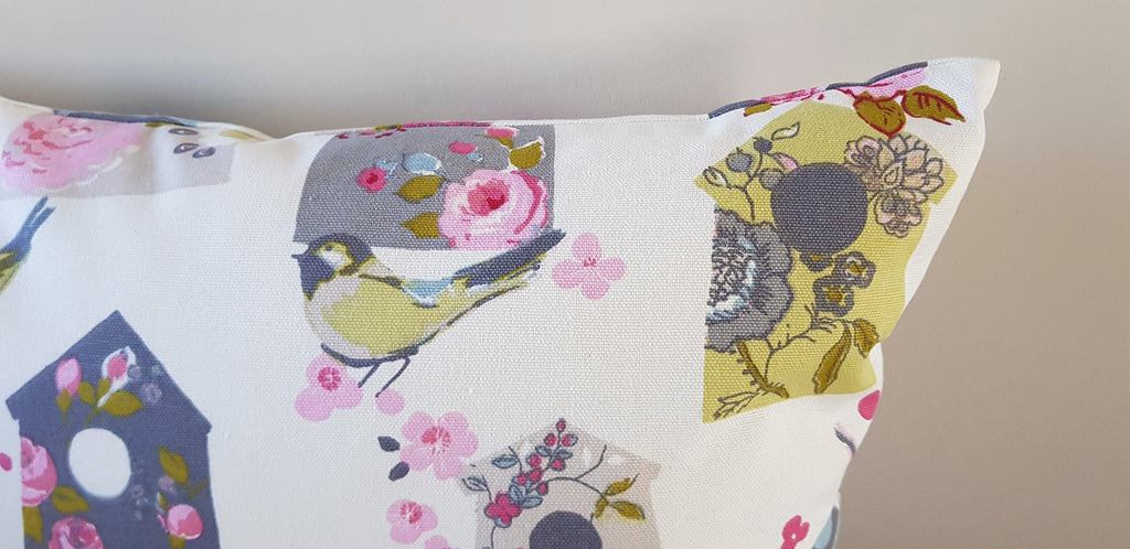 BirdHouse Cushion, Flowers and Birds Pillow with Pattern on Both Sides, Fastened with a Zip