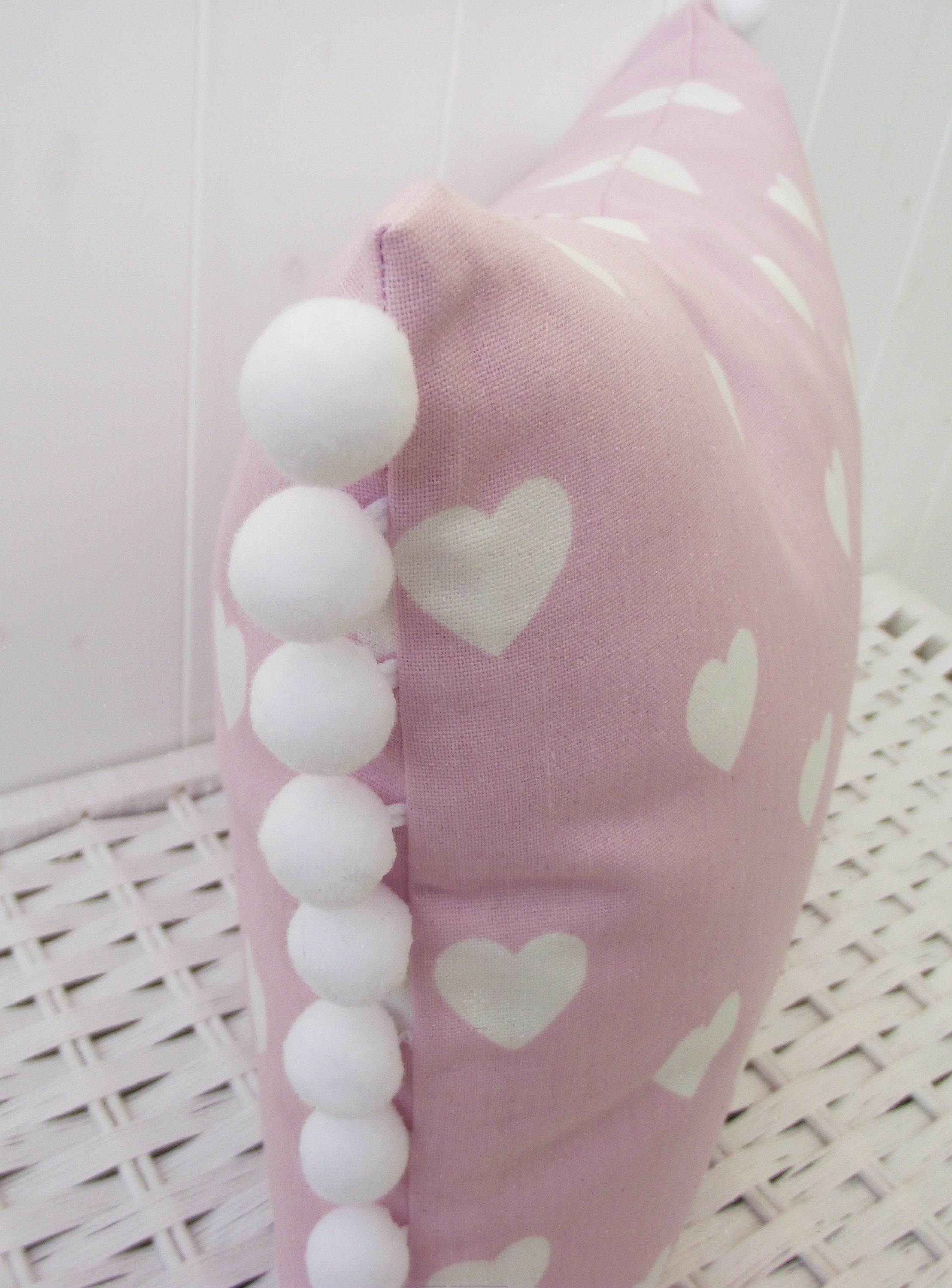 Laura Ashley Pink Hearts Cushion: Handmade Pom Pom Cushion