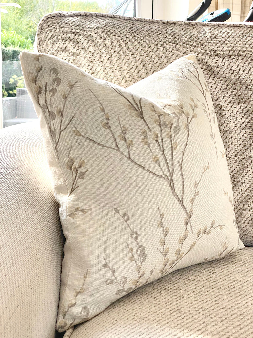 Laura Ashley Pussy Willow Dove Grey Cushion, Off White Dove Grey backed in Laura Ashley Austen Fabric, Handmade with a Zip Fastening, 16"