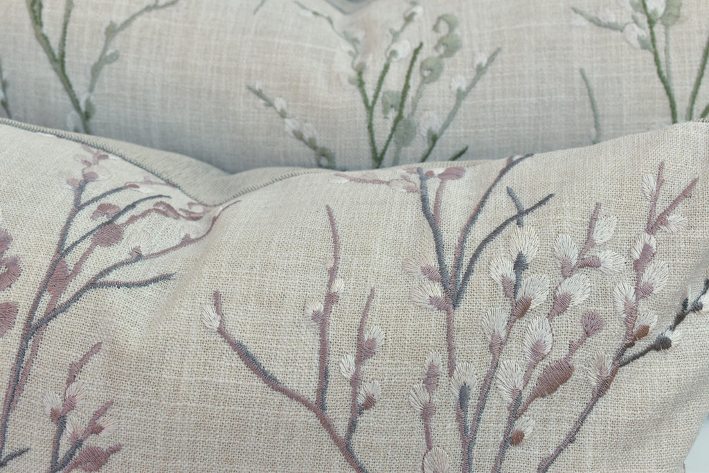 Laura Ashley Blush Pussy Willow Cushion, Embroidered Pillow backed in Austen Natural, Handmade with a Zip Fastening 16"