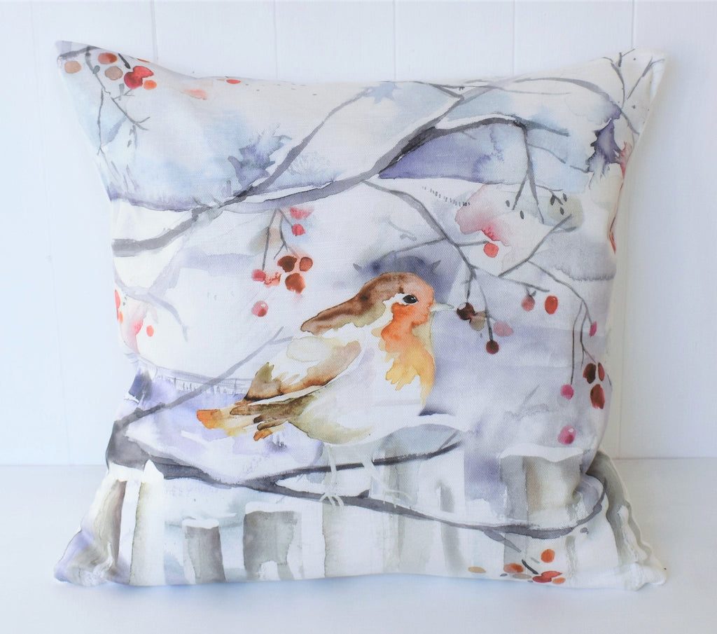 Handmade Winter Robin Cushion: Voyage Maison Watercolor Print, Laura Ashley Back