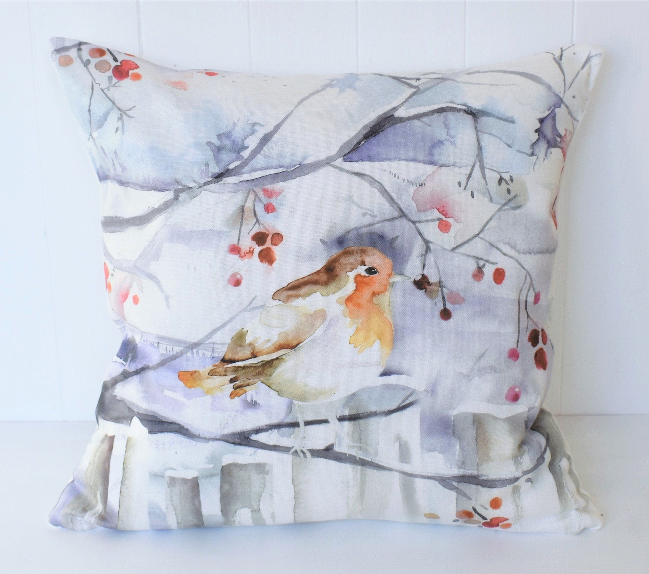 Handmade Winter Robin Cushion: Voyage Maison Watercolor Print, Laura Ashley Back