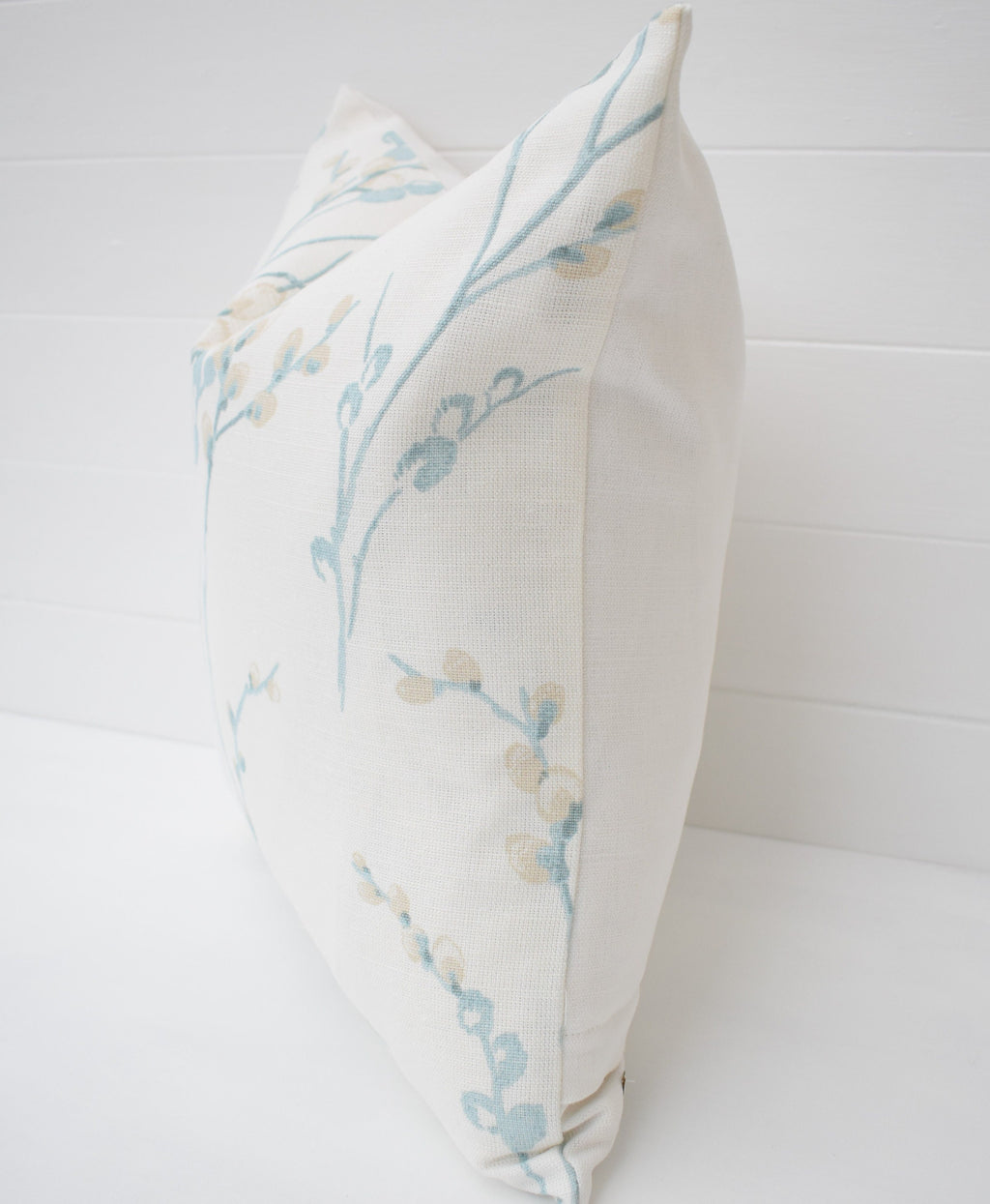 Laura Ashley Pussy Willow Duck Egg Cushion, backed in Laura Ashley Austen Off White, Handmade with a  Zip Fastening 16"