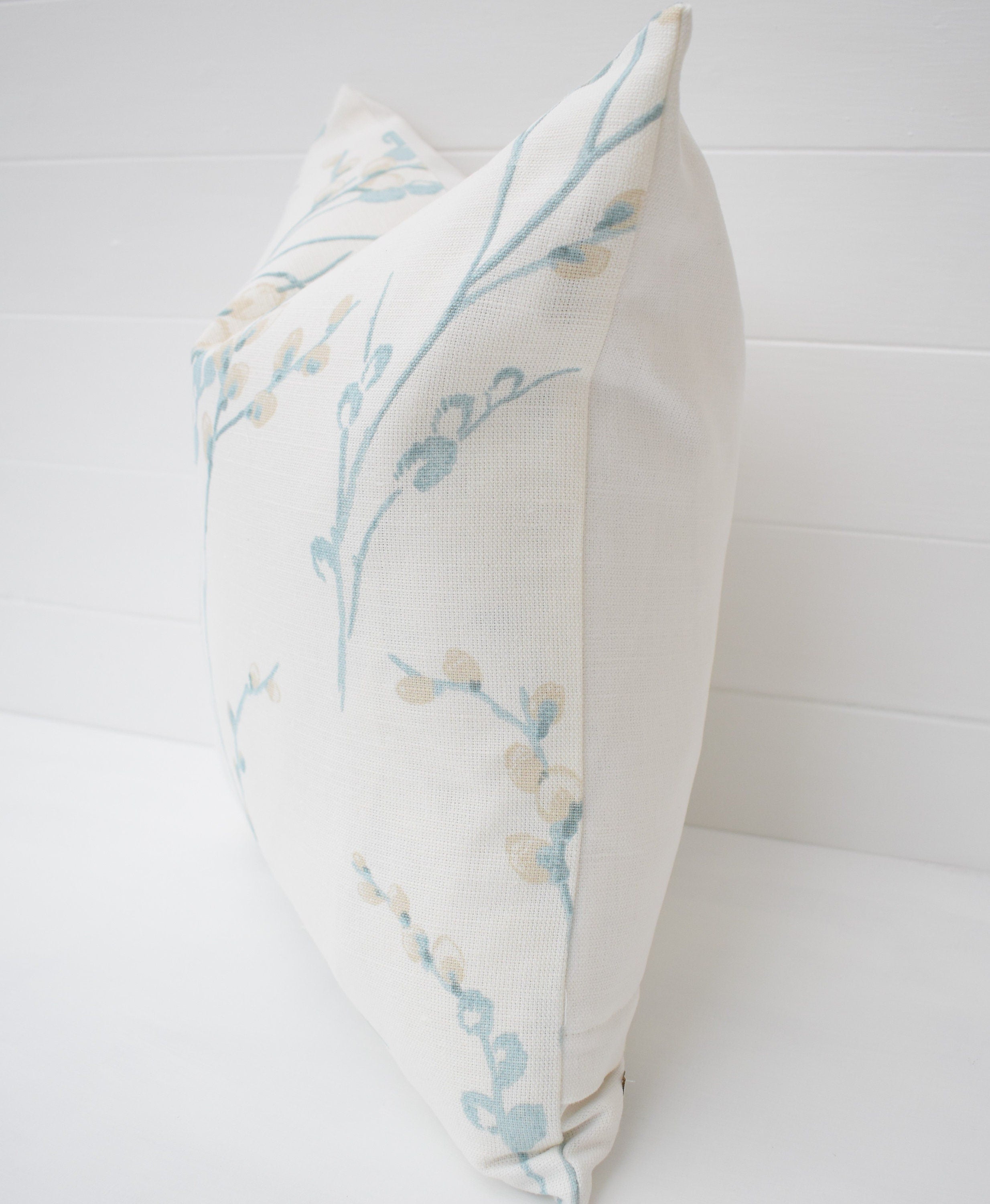 Laura Ashley Pussy Willow Duck Egg Cushion, backed in Laura Ashley Austen Off White, Handmade with a  Zip Fastening 16"