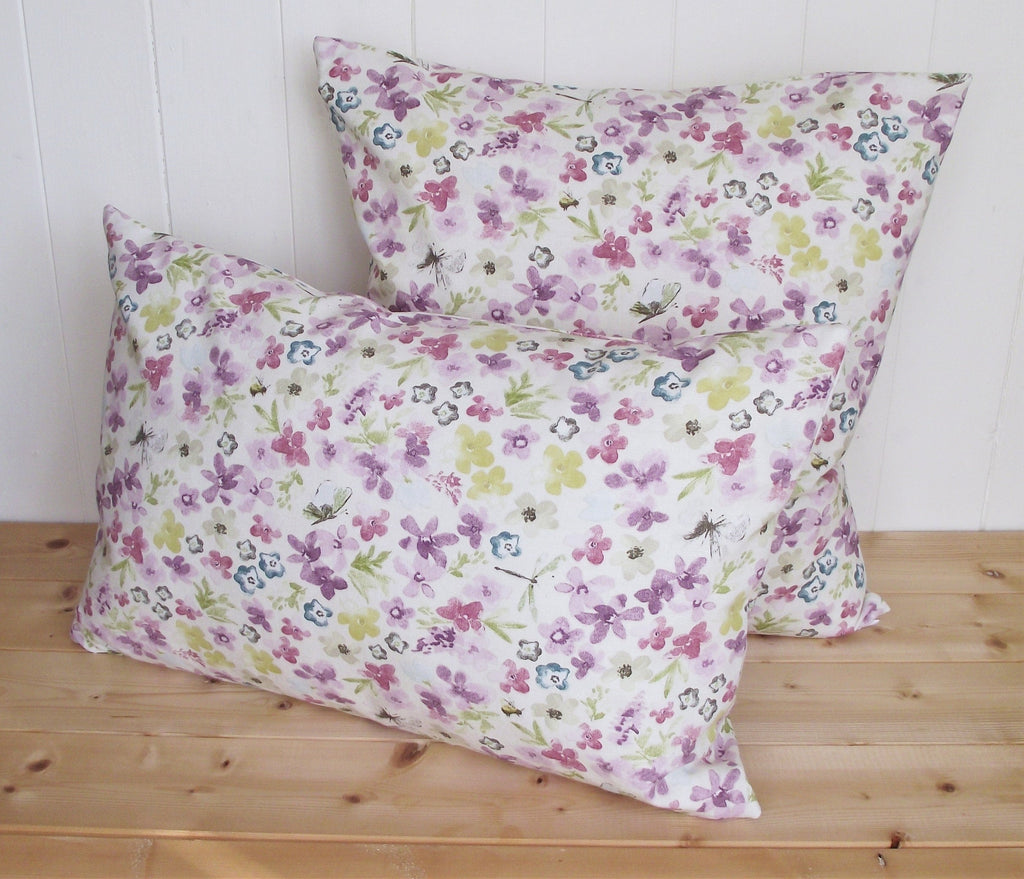 Handmade Lilac Floral Cushion: Hidcote Pastel Fabric, Zip Fastening
