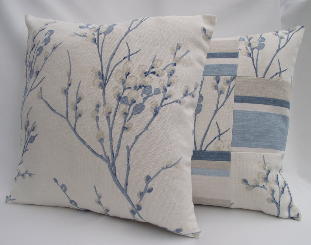 Laura Ashley Pussy Willow Blue Seaspray Cushion, Floral Fabric backed with Laura Ashley Austen Off White, Handmade with a Zip Fastening 16"
