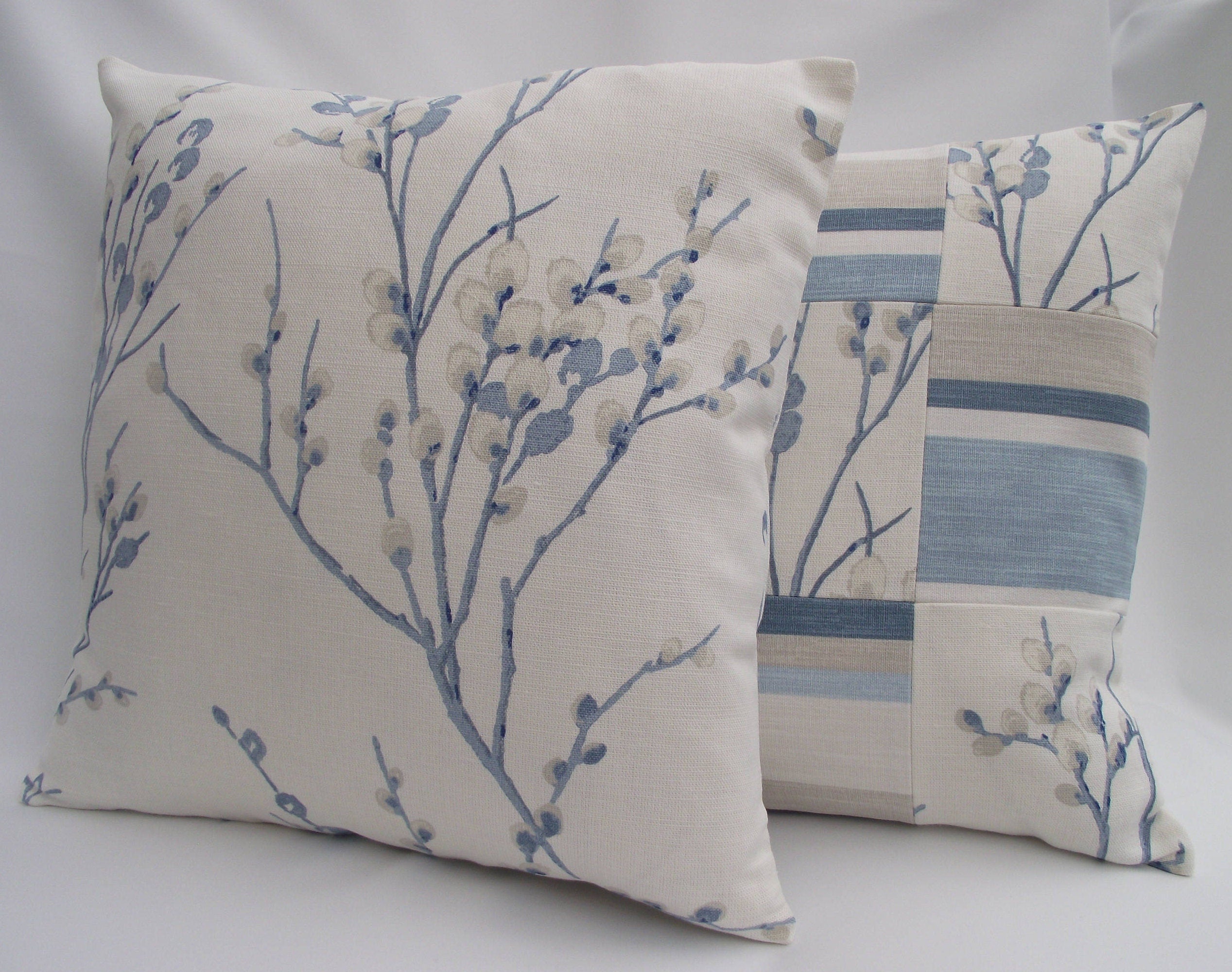 Laura Ashley Pussy Willow Blue Seaspray Cushion, Floral Fabric backed with Laura Ashley Austen Off White, Handmade with a Zip Fastening 16"