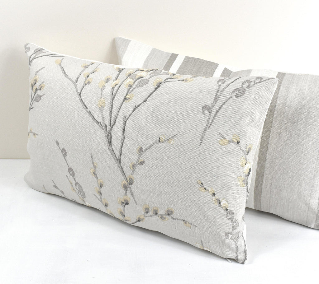 Laura Ashley Dove Grey Pussy Willow Cushion, 18" by 12" Floral Pillow, backed in Austen Off White, Handmade with a Zip Fastening