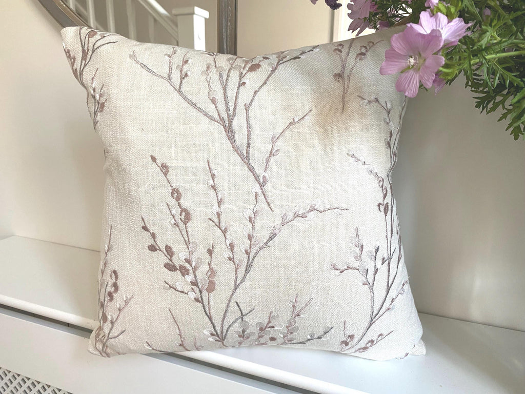 Laura Ashley Blush Pussy Willow Cushion, Embroidered Pillow backed in Austen Natural, Handmade with a Zip Fastening 16"