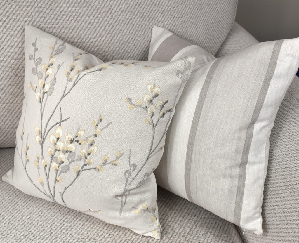 Laura Ashley Pussy Willow Dove Grey Cushion, backed with Laura Ashley Austen Off White, Handmade with a Zip Fastening