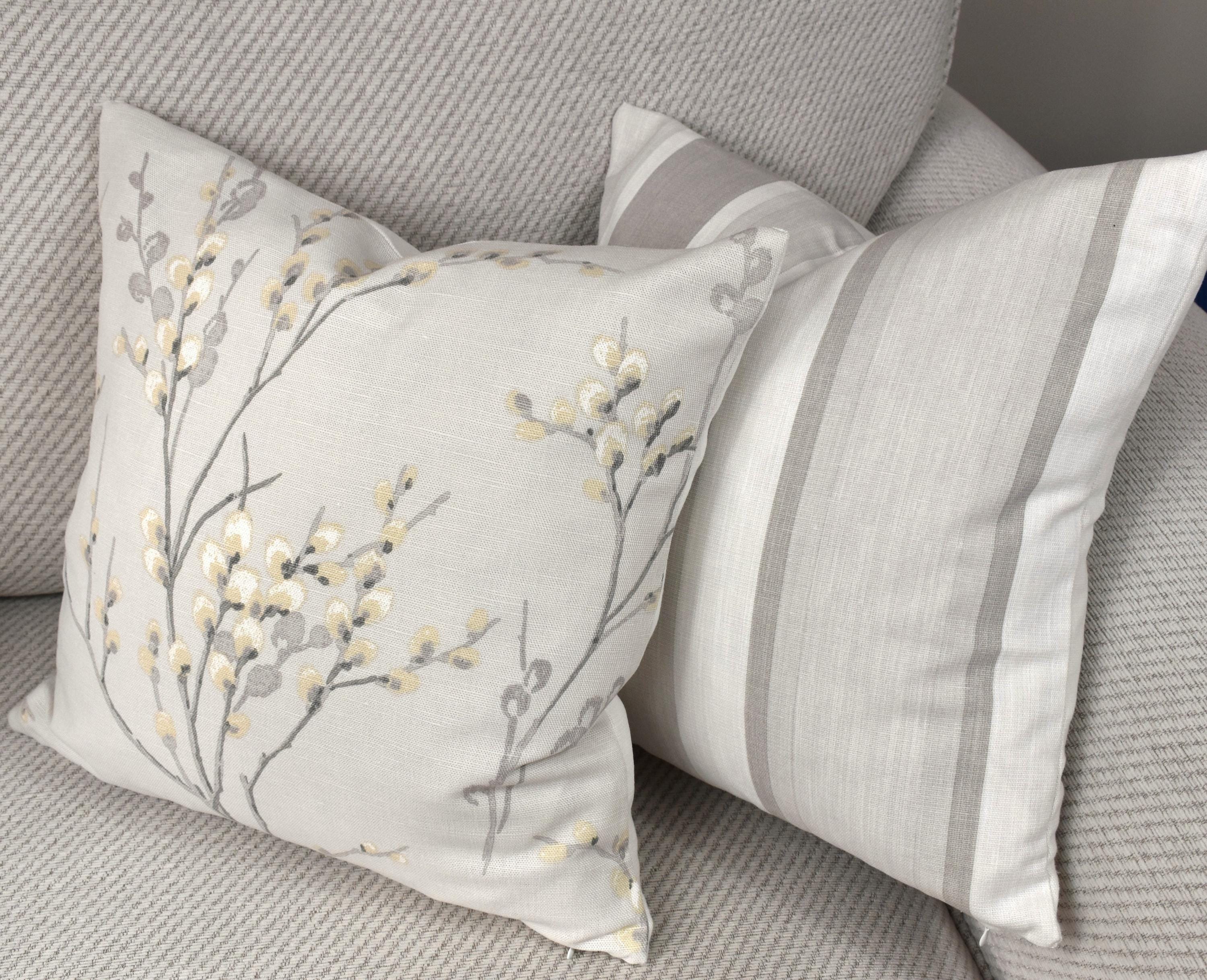 Laura Ashley Pussy Willow Dove Grey Cushion, backed with Laura Ashley Austen Off White, Handmade with a Zip Fastening