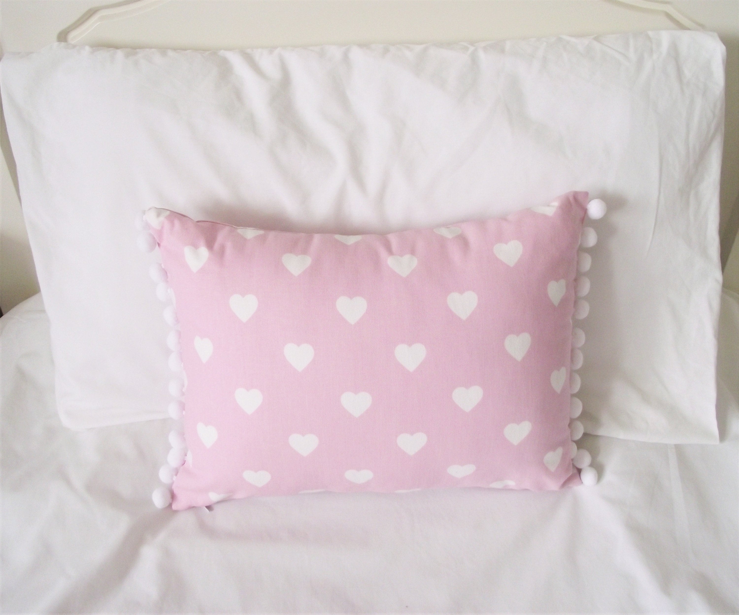 Laura Ashley Pink Hearts Cushion: Handmade Pom Pom Cushion
