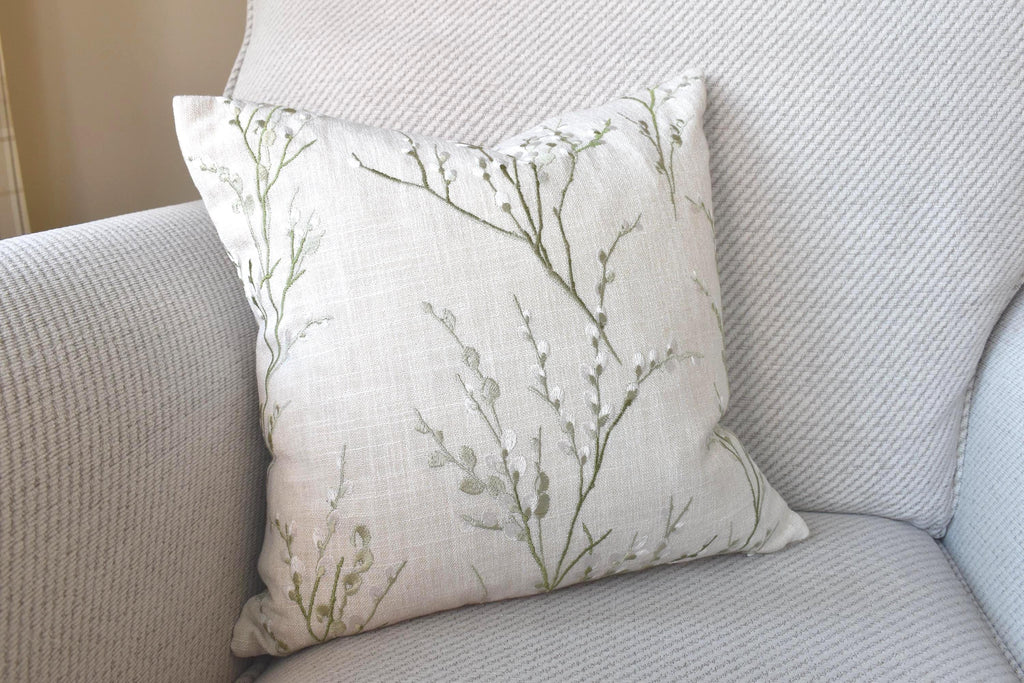 Laura Ashley Pussy Willow Cushion, Handmade in Embroidered Green Floral Hedgerow,16"