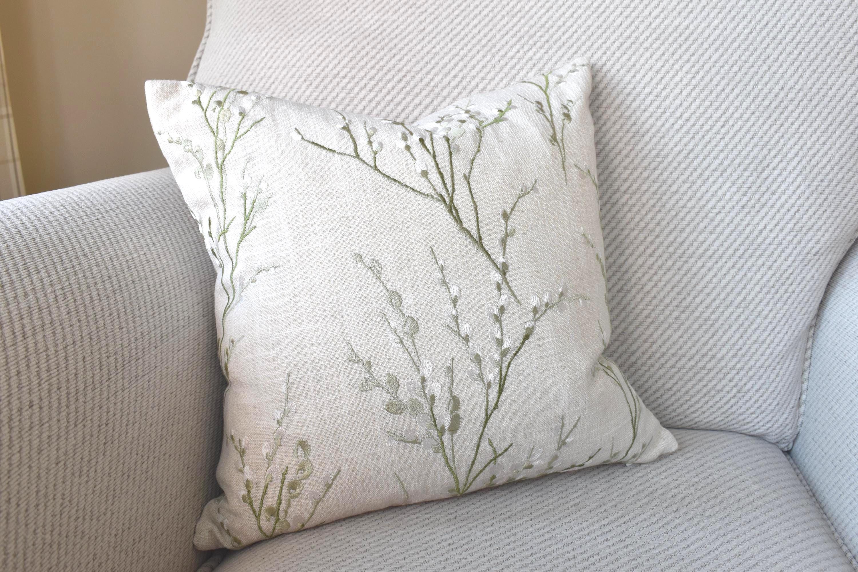 Laura Ashley Pussy Willow Cushion, Handmade in Embroidered Green Floral Hedgerow,16"