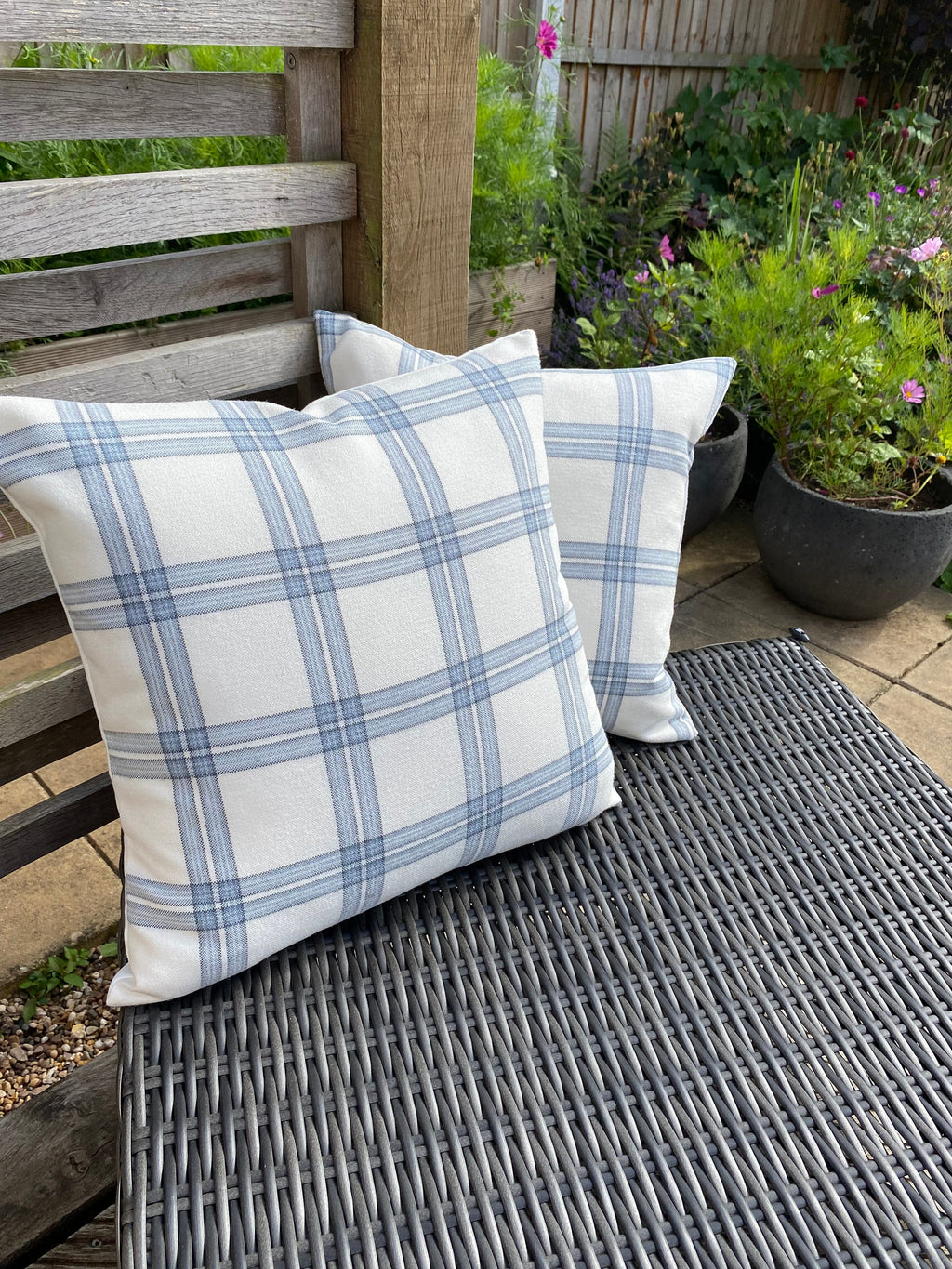Laura Ashley Dalby Seaspray Blue Check Cushion, Handmade with a Zip Fastening