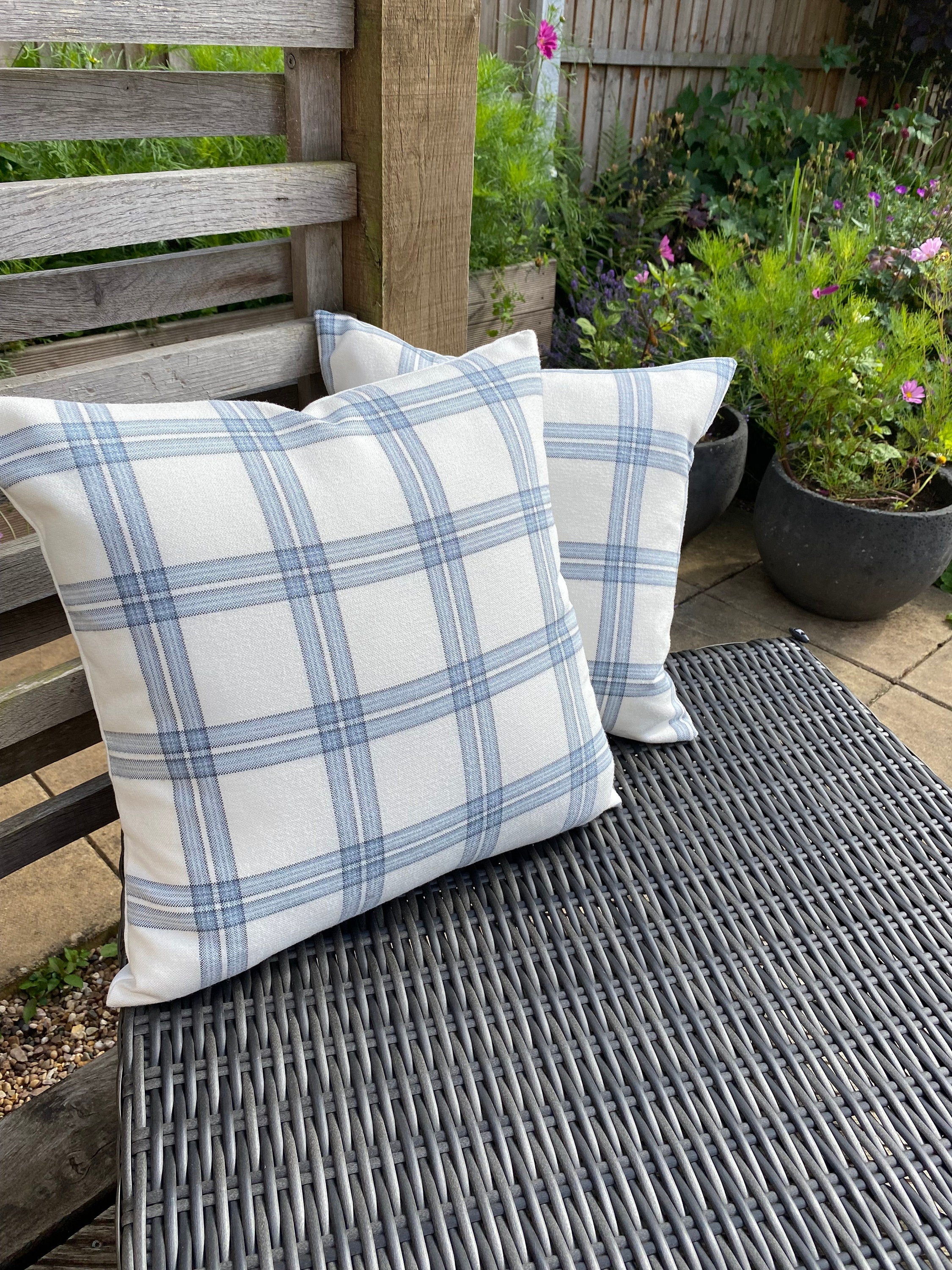 Laura Ashley Dalby Seaspray Blue Check Cushion, Handmade with a Zip Fastening
