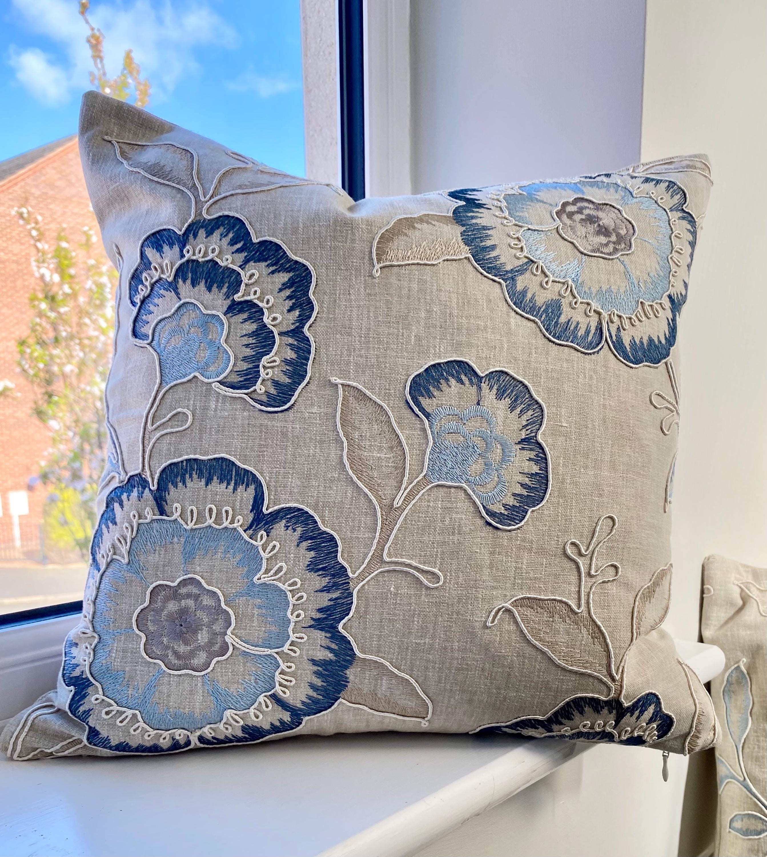 Richmond Denim Blue Cushion, Handmade with Embroidered Floral Fabric