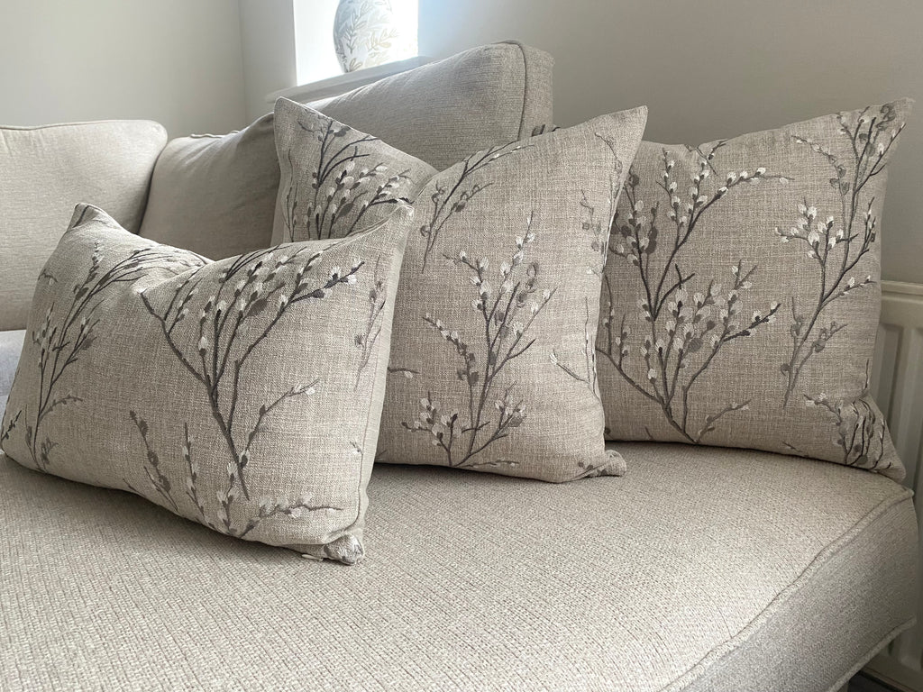 Laura Ashley Pussy Willow Embroidered Steel Grey Cushion, Handmade with a Zip Fastening
