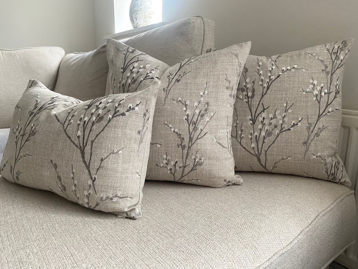 Laura Ashley Pussy Willow Embroidered Steel Grey Cushion, Handmade with a Zip Fastening
