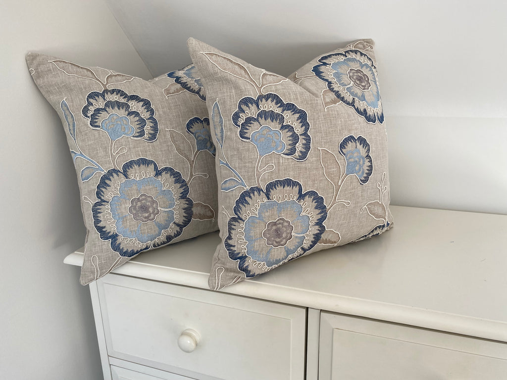 Richmond Denim Blue Cushion, Handmade with Embroidered Floral Fabric