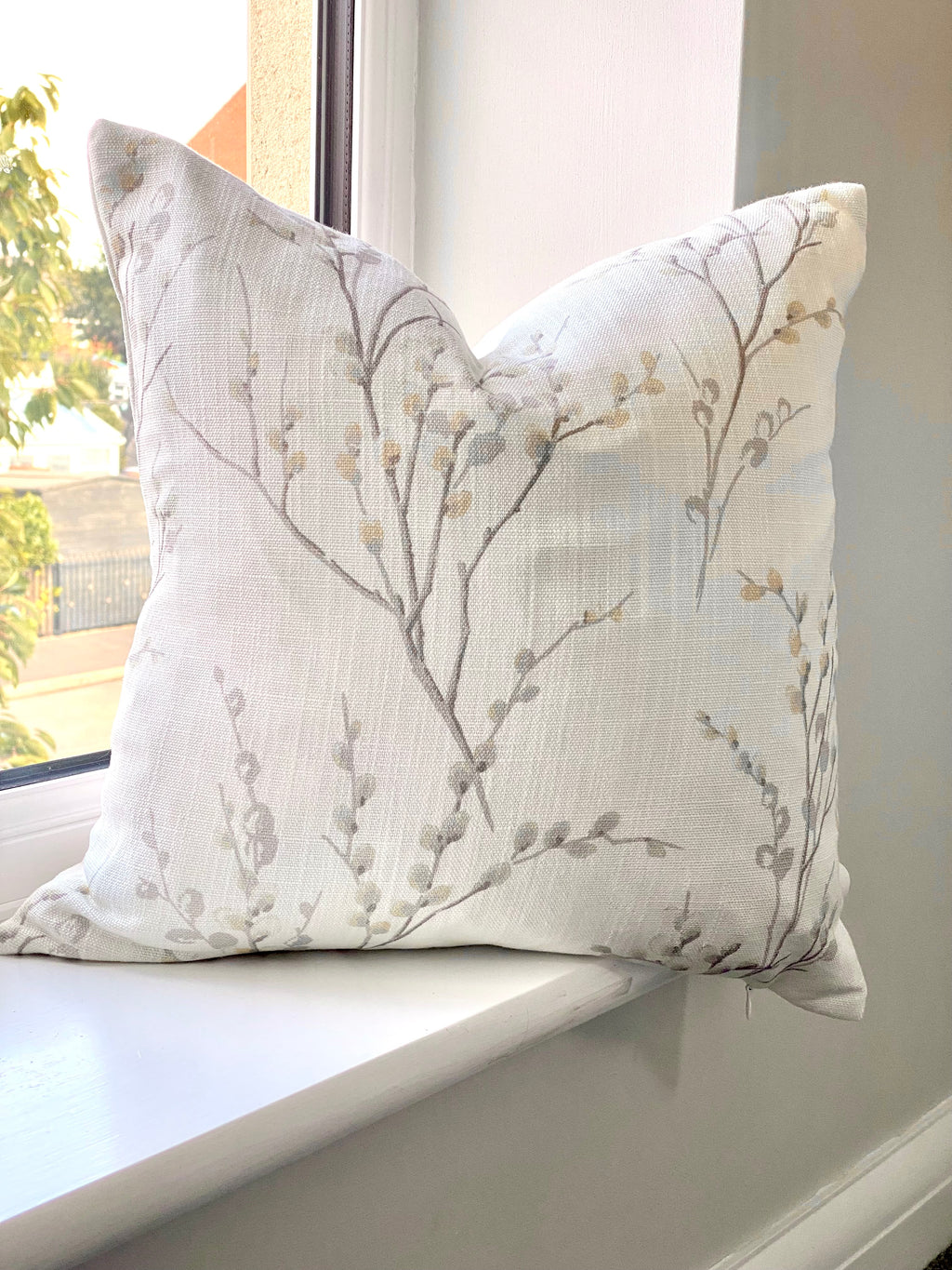 Laura Ashley Pussy Willow Dove Grey Cushion, Off White Dove Grey backed in Laura Ashley Austen Fabric, Handmade with a Zip Fastening, 16"