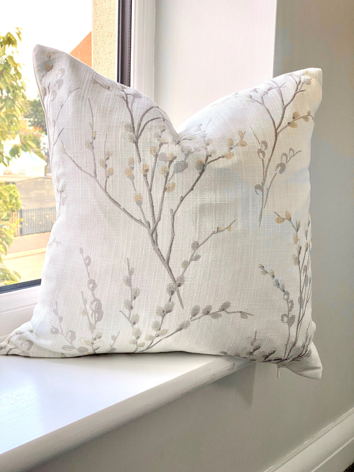 Laura Ashley Pussy Willow Dove Grey Cushion, Off White Dove Grey backed in Laura Ashley Austen Fabric, Handmade with a Zip Fastening, 16"