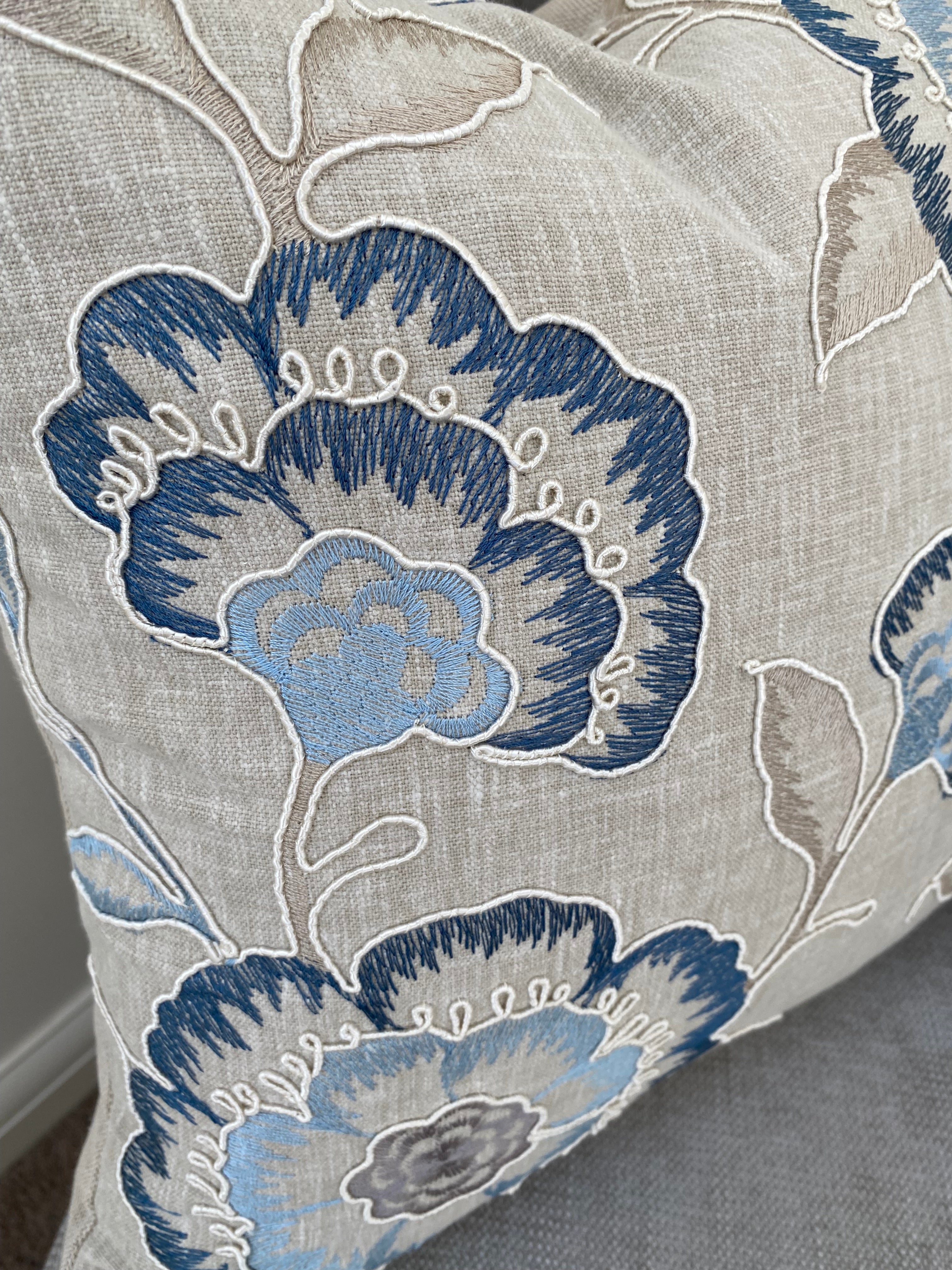 Richmond Denim Blue Cushion, Handmade with Embroidered Floral Fabric